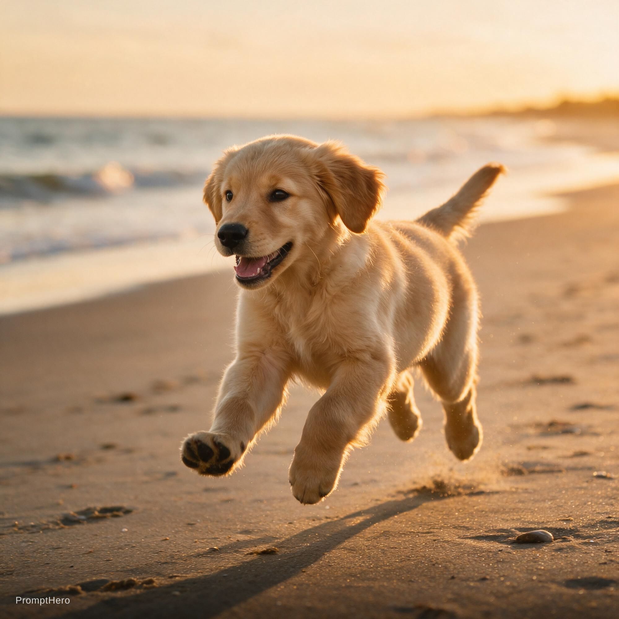 AI generated: Seedream 5 prompt: Golden retriever puppy running on a beach at sunse... (Seedream 5 - Animals & Nature)