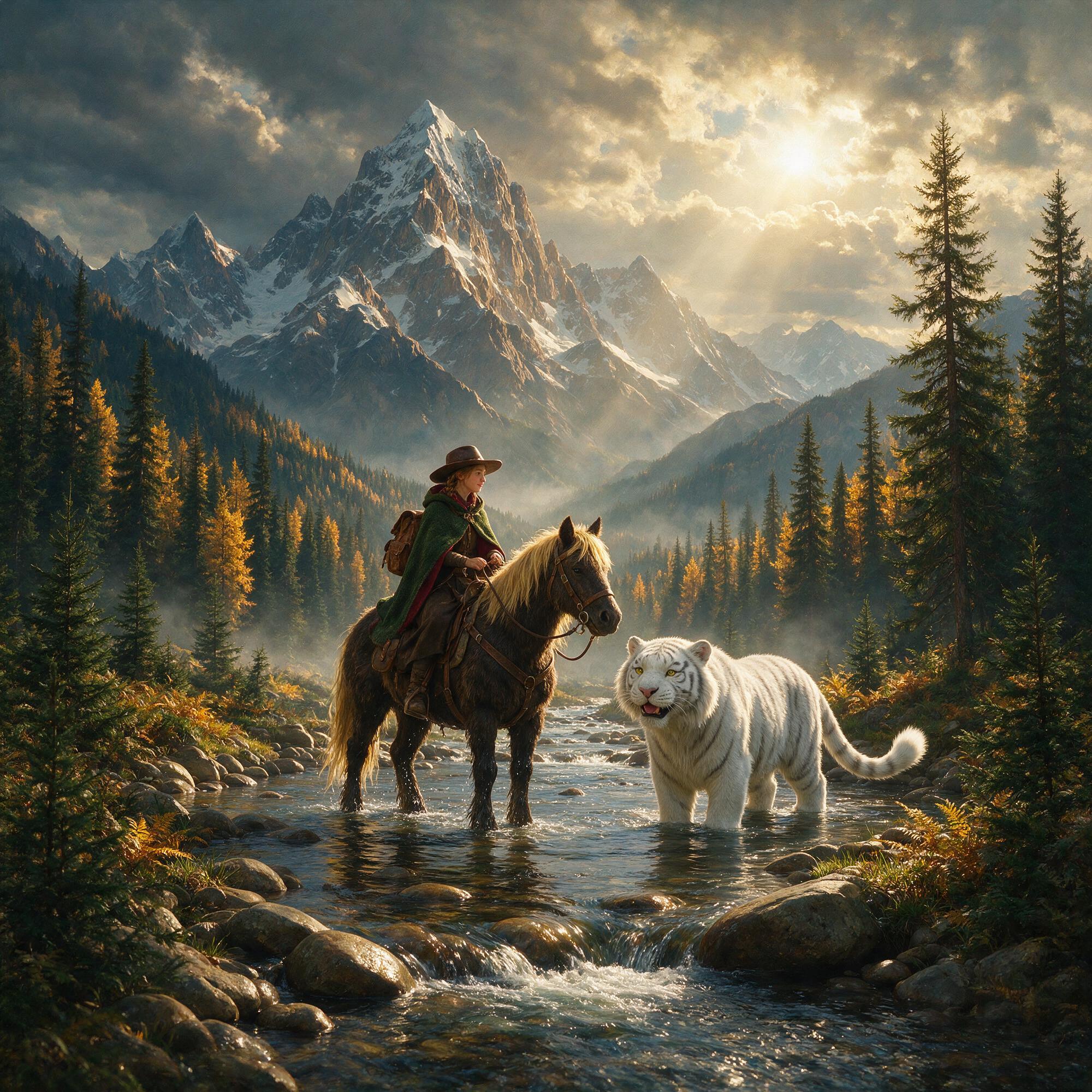 AI generated: Seedream 5 prompt: mountain landscape, a young lady on a horse with a... (Seedream 5 - Animals & Nature)