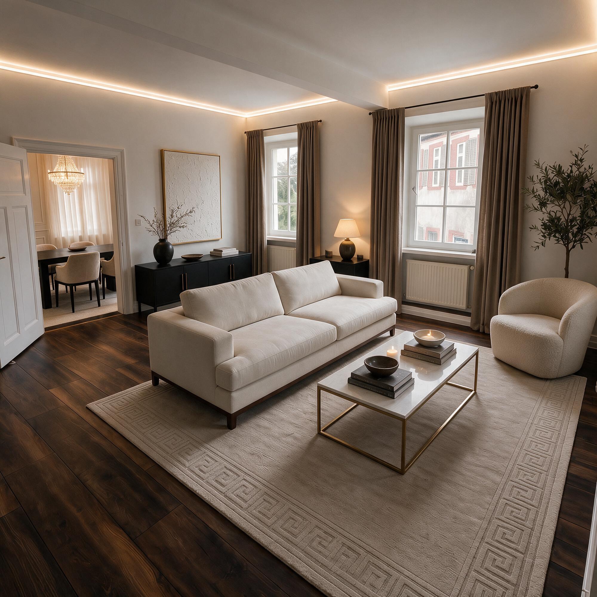 صورة مولدة بالذكاء الاصطناعي: Seedream 5 prompt: **Living Room** - Rotate the carpet, table, sofa, ... (نموذج Seedream 5 - تصميم داخلي)