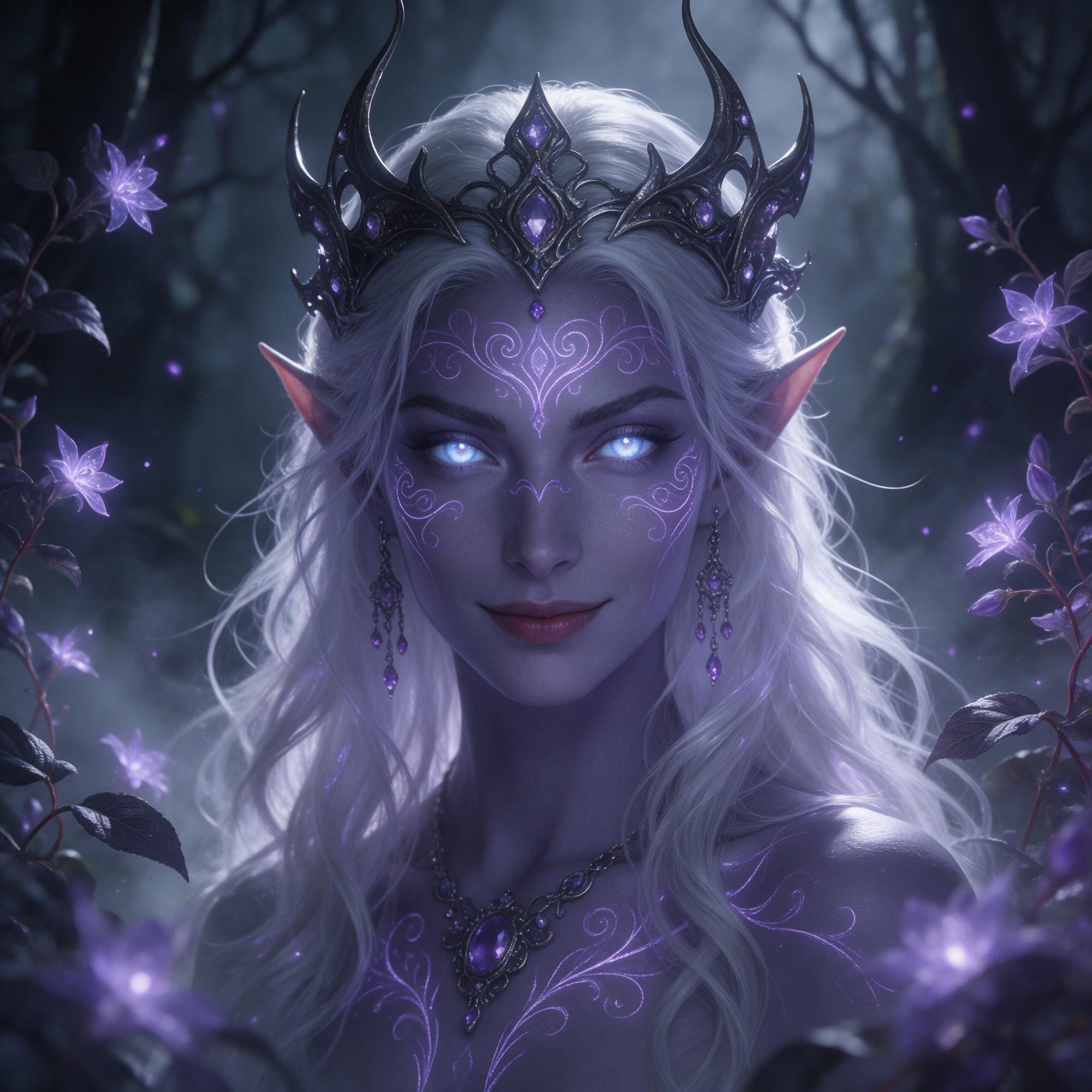Seedream 5 prompt: A close-up portrait of a dark elf woman, slate-pur... - Seedream 5