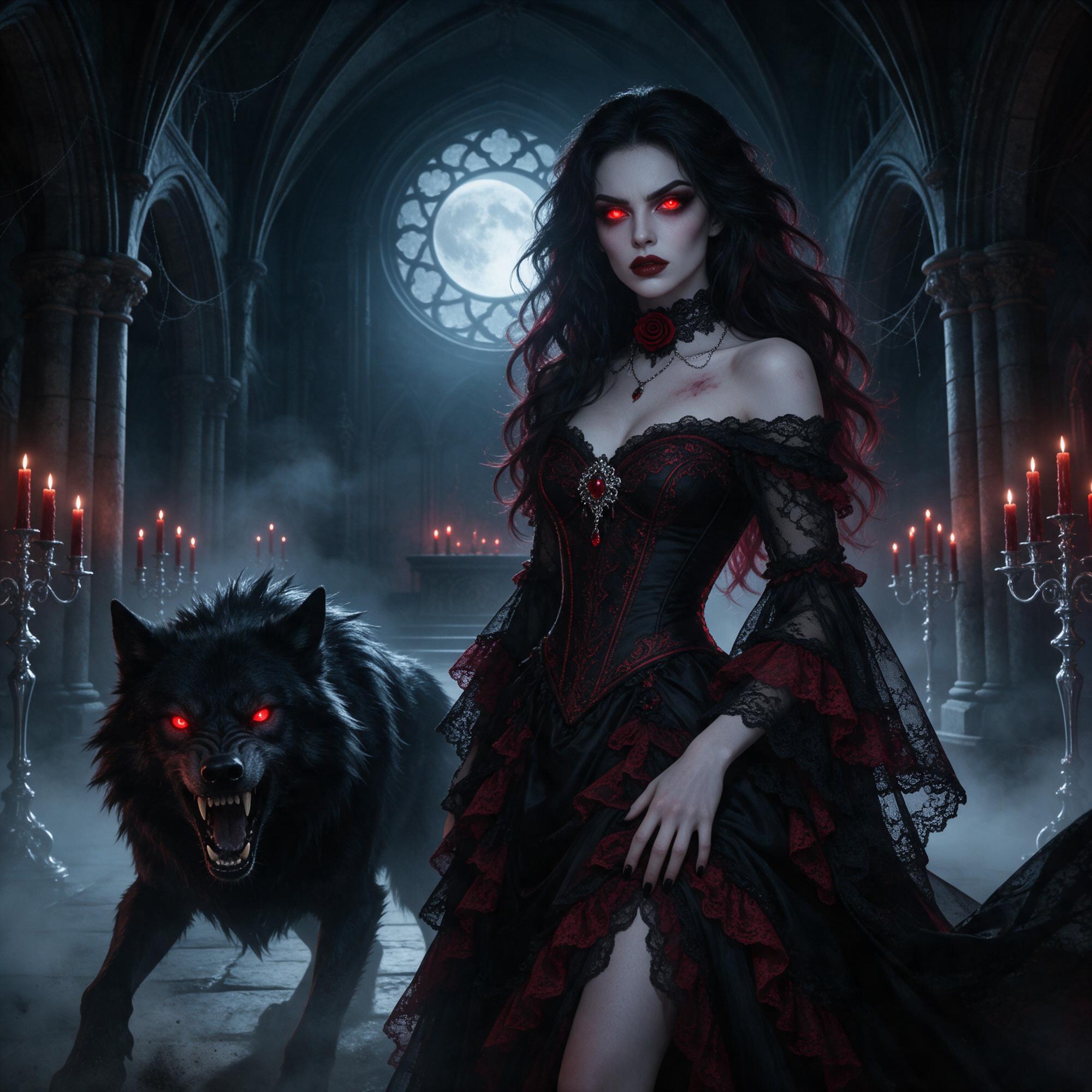 AI generated: Seedream 5 prompt: A pale gothic vampire woman standing in a misty ca... (Seedream 5 - Architecture)