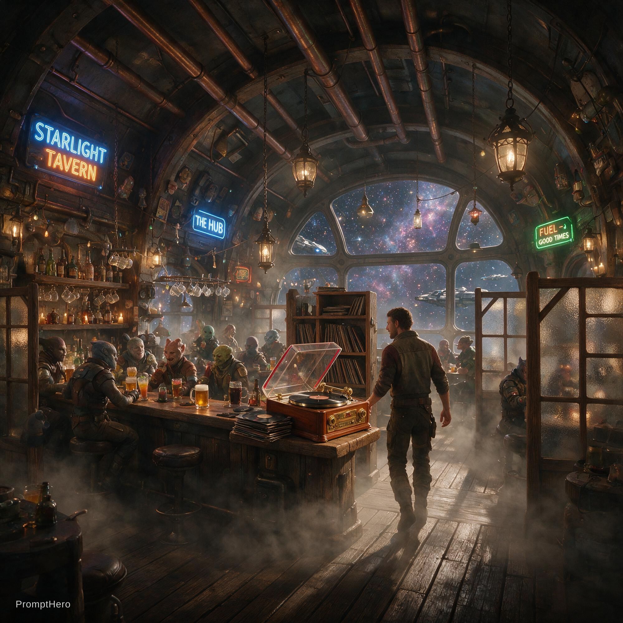 AI generated: Seedream 5 prompt: A tavern in the galaxy, with a man walking towards... (Seedream 5 - Portraits)