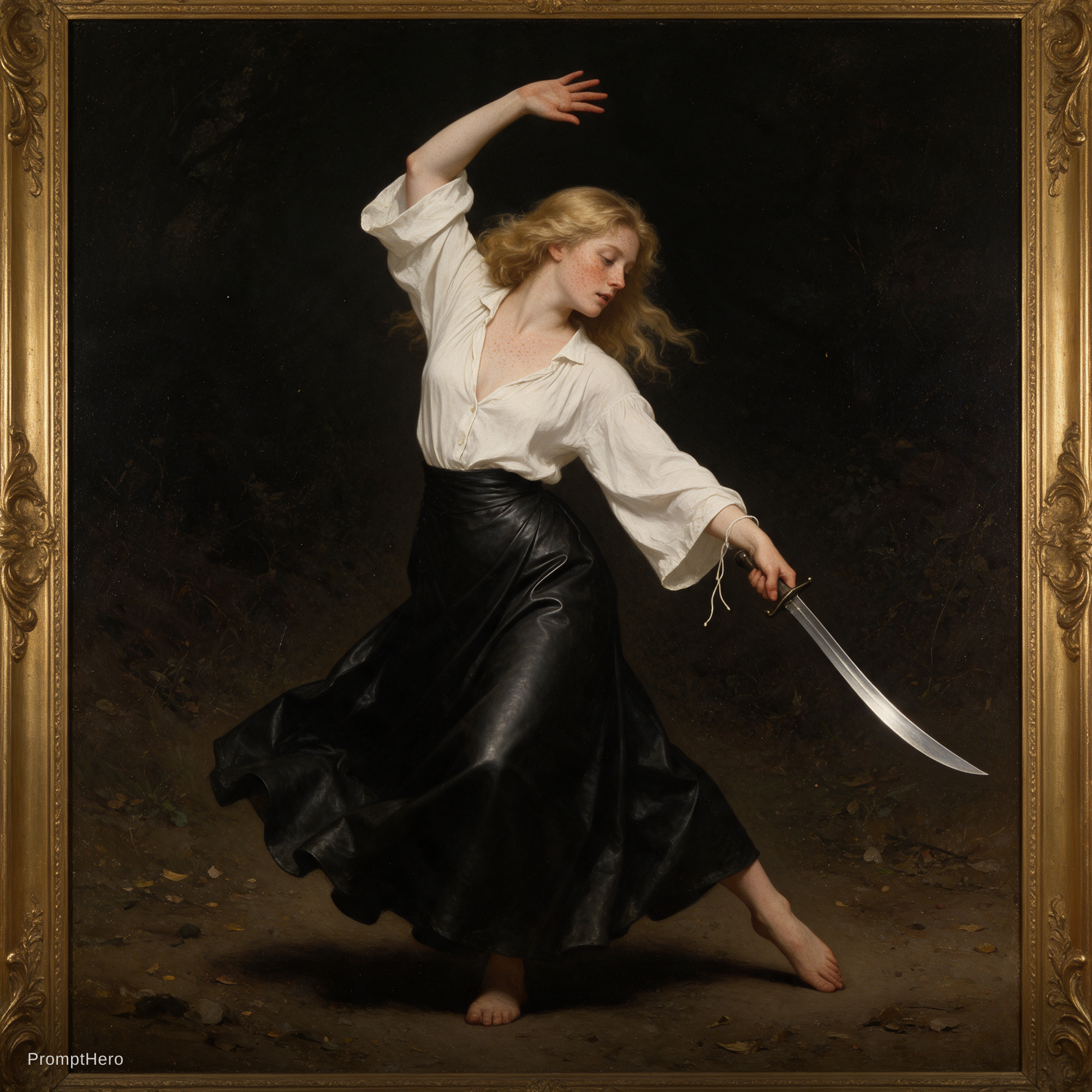 AI generated: Seedream 5 prompt: mujer bailando una mujer moviendo una espada con g... (Seedream 5 - Concept Art)