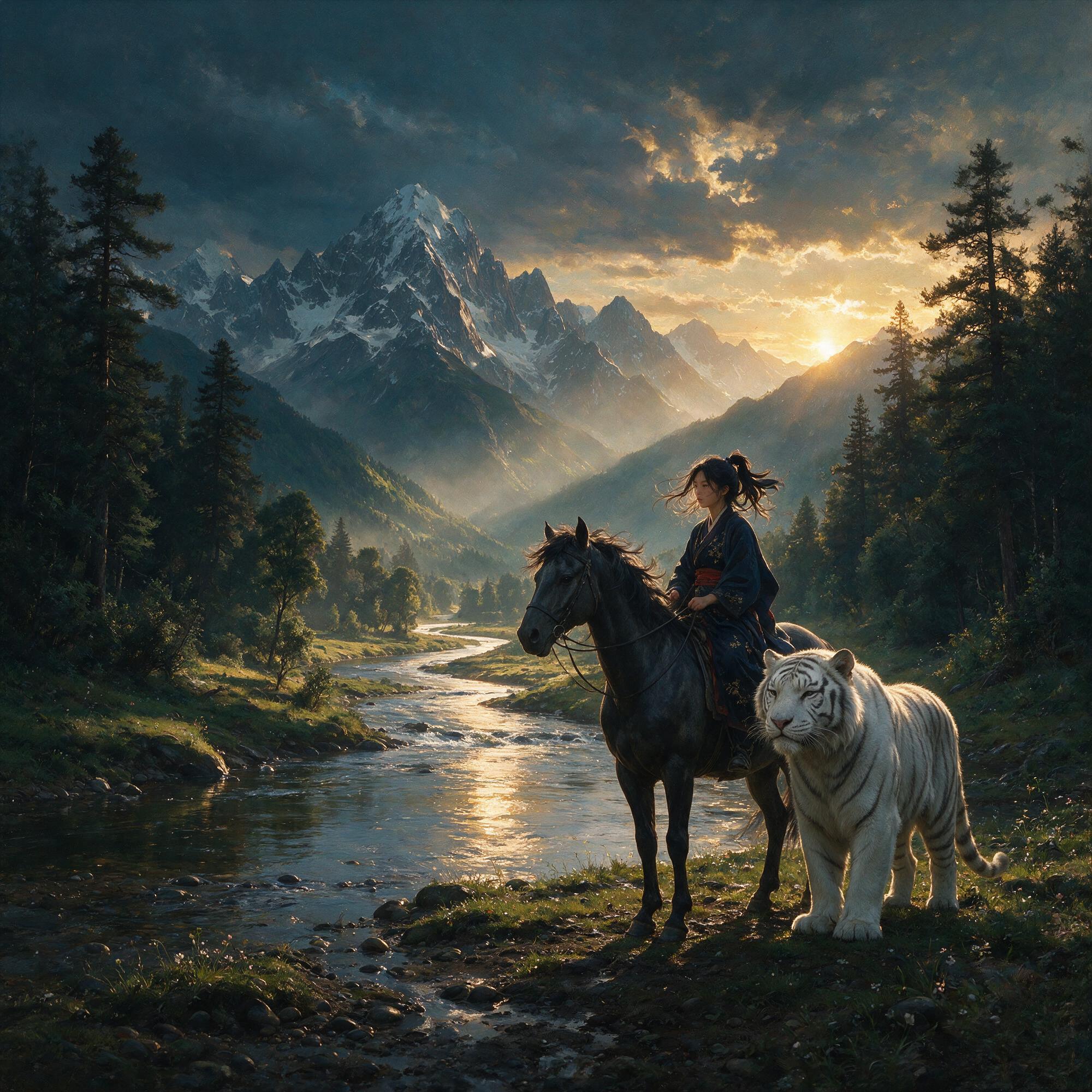 AI generated: Seedream 5 prompt: mountain landscape, a young lady on a horse with a... (Seedream 5 - Animals & Nature)