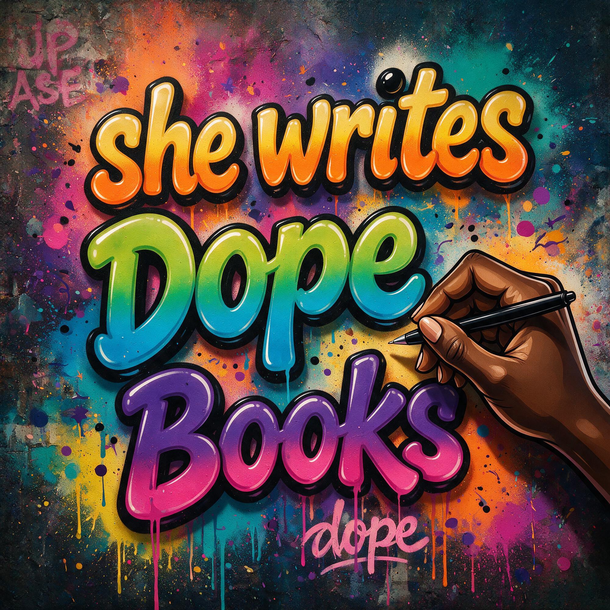 AI generated: Seedream 5 prompt: colorful playful text saying, "she writes Dope Boo... (Seedream 5 - Portraits)