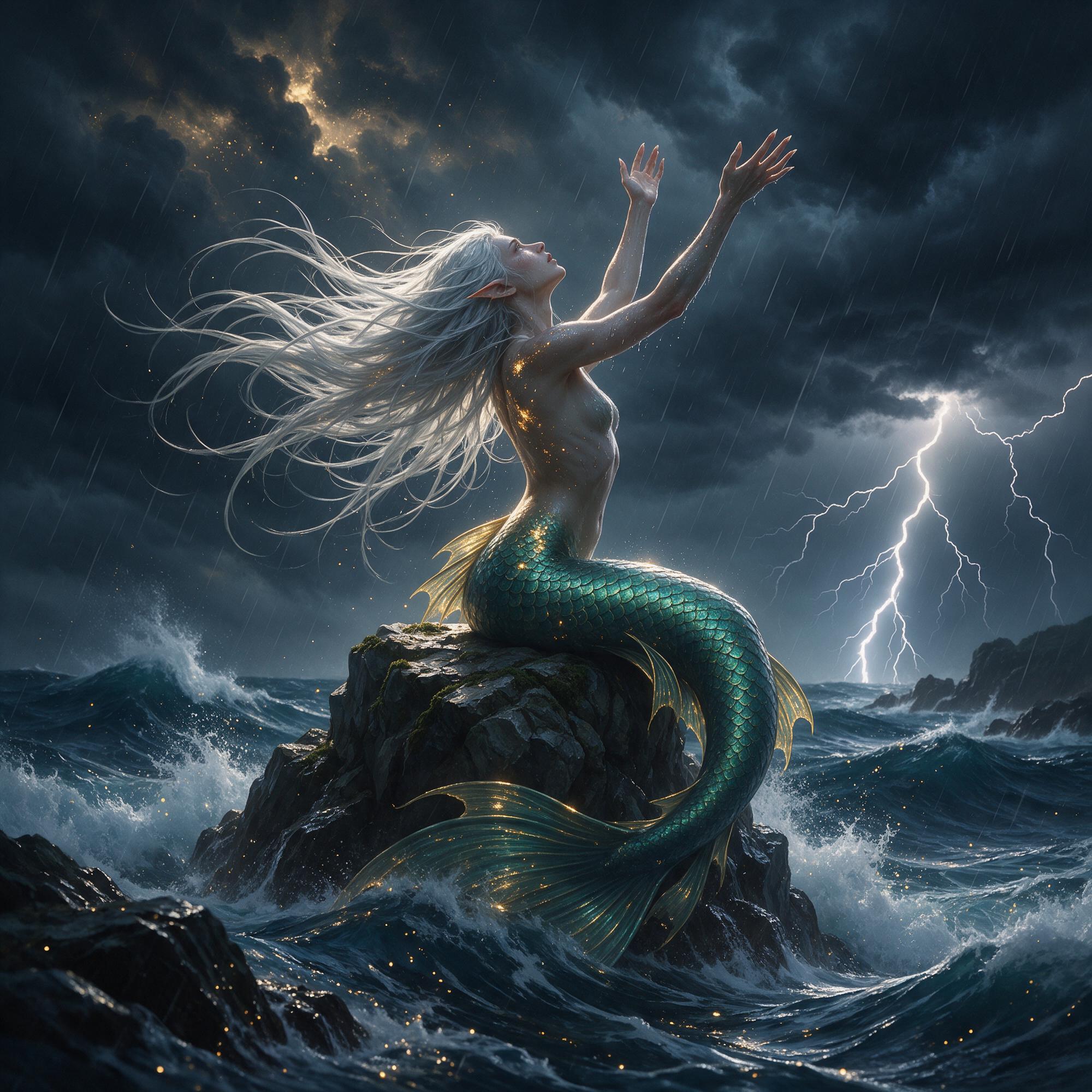 AI generated: Seedream 5 prompt: A mermaid sitting in profile on a mossy sea rock d... (Seedream 5 - Landscapes)