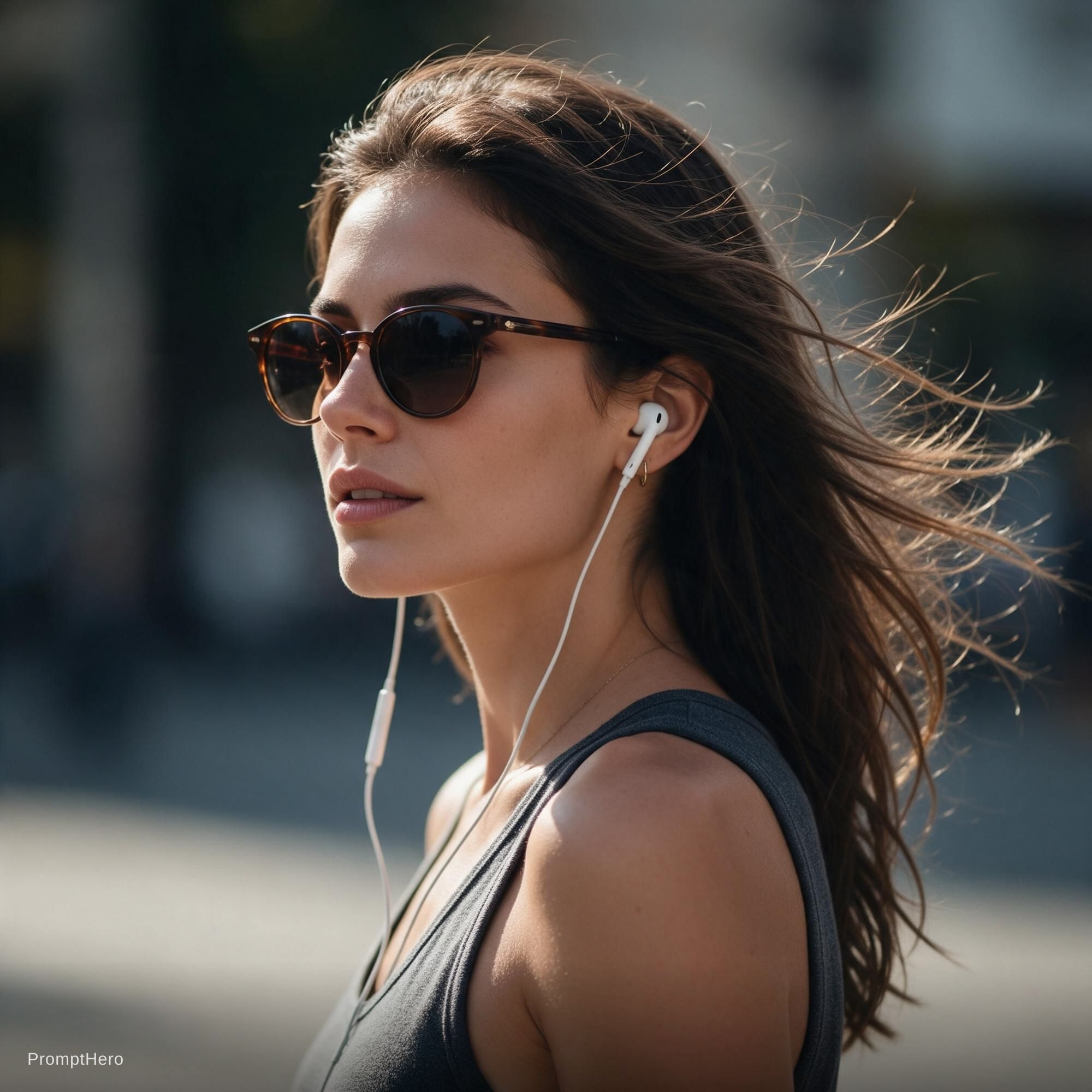 صورة مولدة بالذكاء الاصطناعي: Seedream 5 prompt: Una hermosa mujer con lentes de sol y aurículares ... (نموذج Seedream 5 - فن مفاهيمي)
