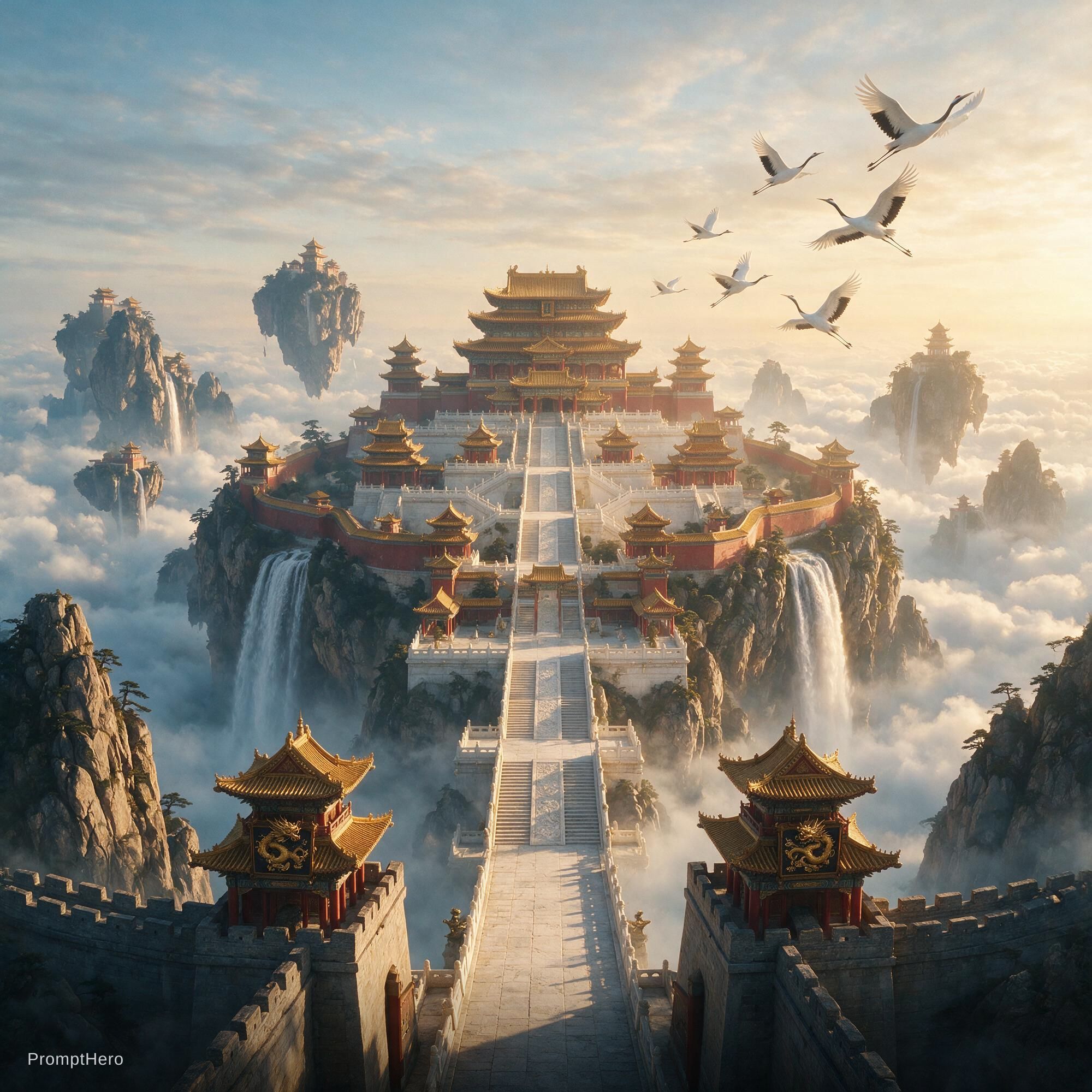 Seedream 5 prompt: 镜头穿过南天门之后,巨大的云上天宫第一次完整展现。中央轴线上分布着九重白玉台阶、朱红宫墙和层层升高的... - Seedream 5