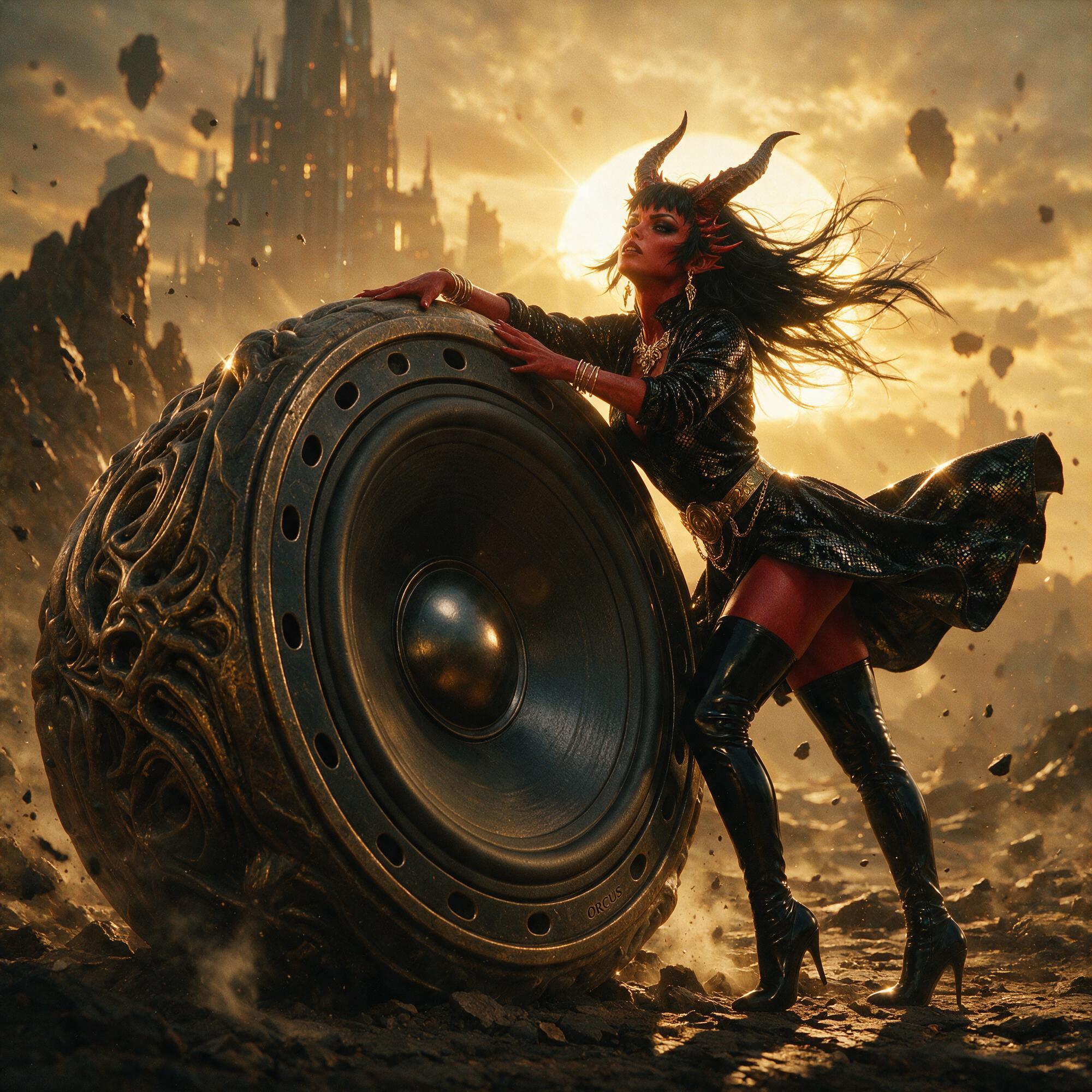 AI generated: Seedream 5 prompt: A female red demon, bathed in a warm, golden glow ... (Seedream 5 - Fashion)