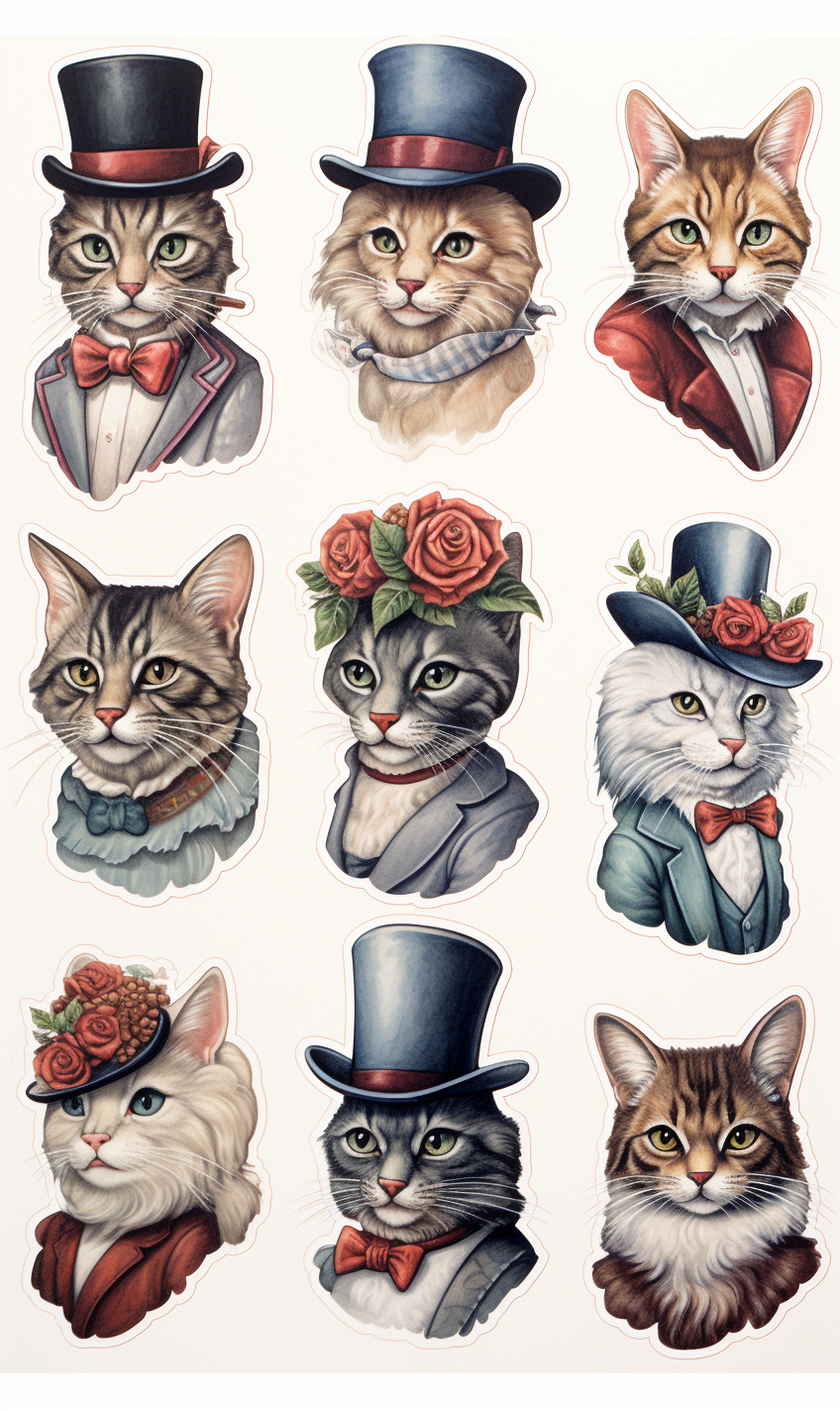 AI generated: Midjourney prompt: sticker sheet of various Victorian era cats wearin... (Midjourney - Concept Art)