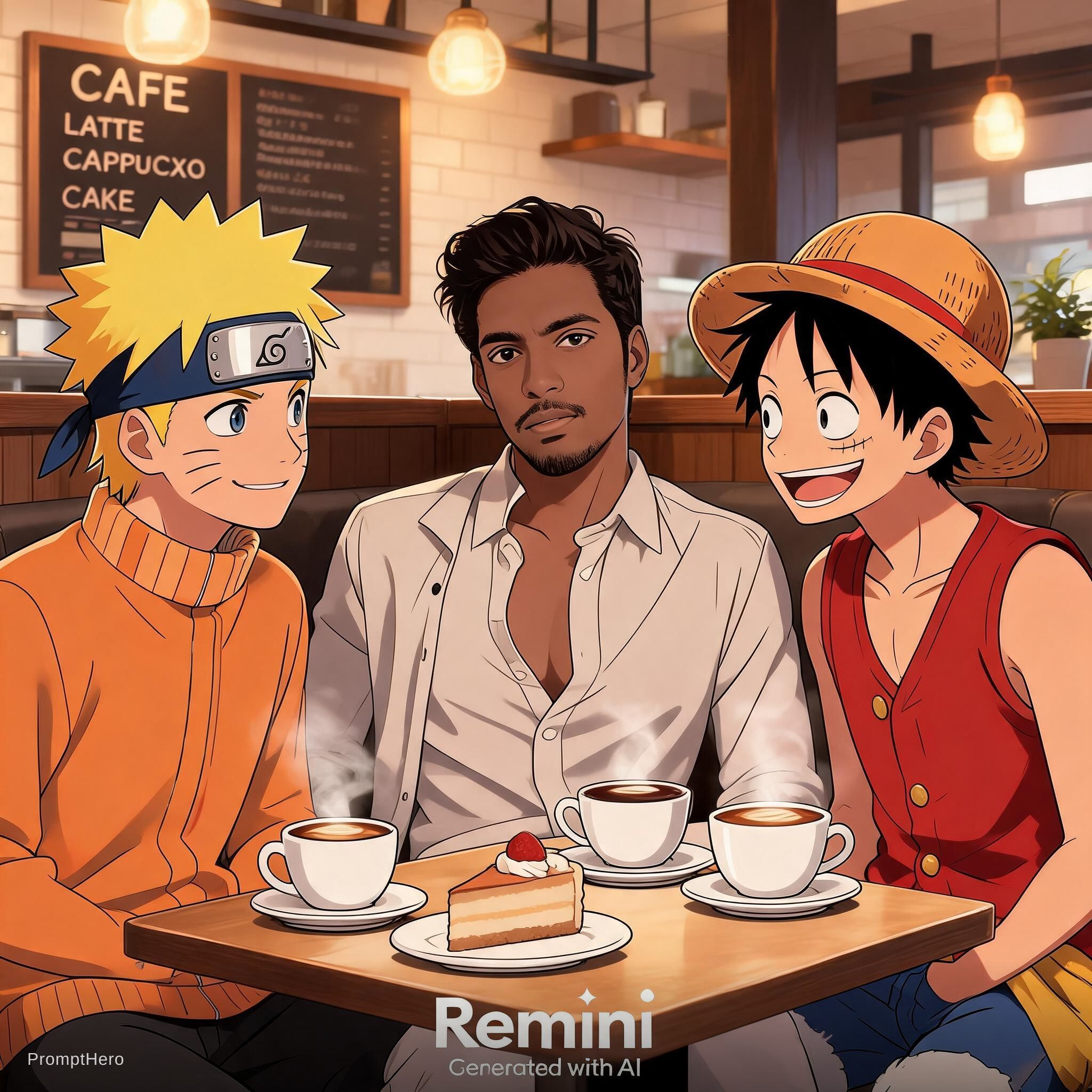 AI generated: Seedream 5 prompt: Anime cafe scene where I sit beside Naruto-inspire... (Seedream 5 - Anime)