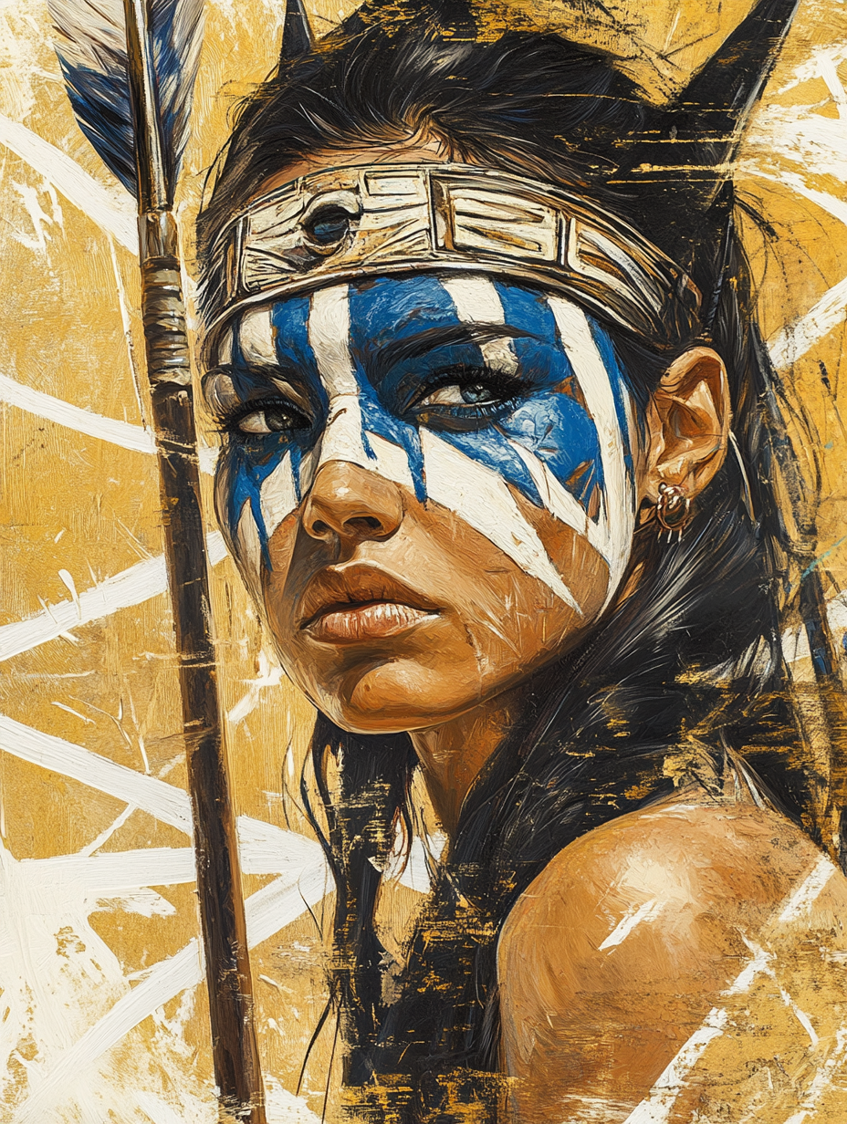 صورة مولدة بالذكاء الاصطناعي: Midjourney prompt: A portrait drawing of an ancient female warrior wi... (نموذج Midjourney - صور شخصية)