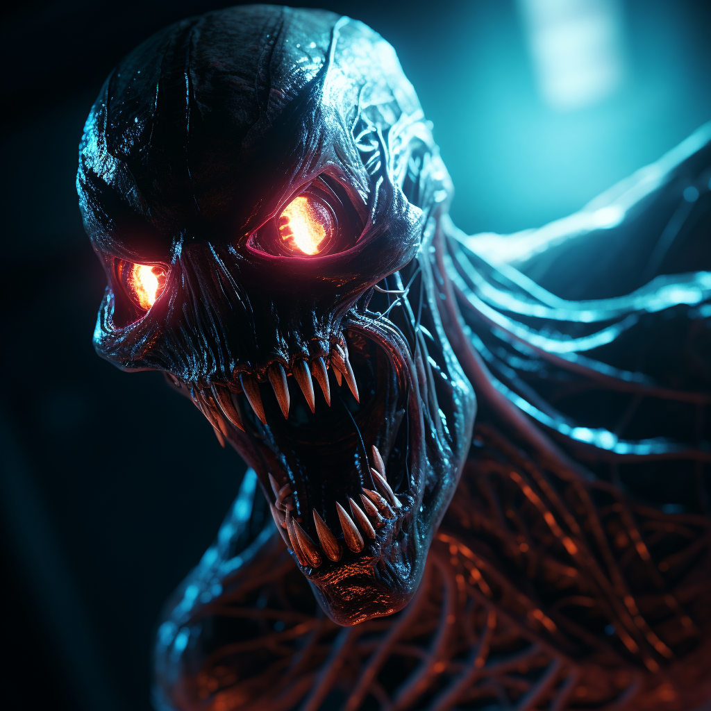 AI generated: Midjourney prompt: A wicked alien with neon glowing eyes in a corner ... (Midjourney - Concept Art)
