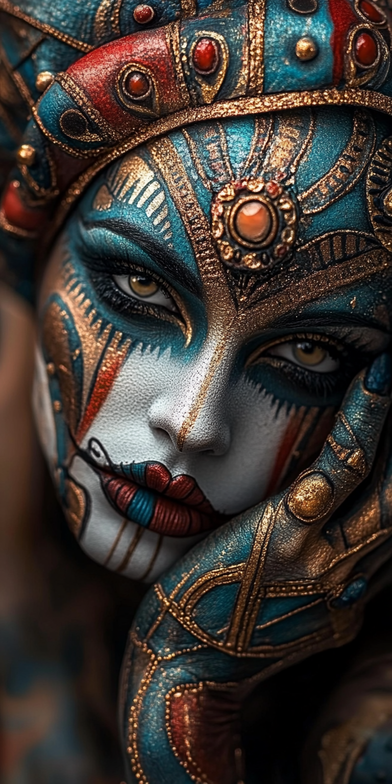 AI generated: Midjourney prompt: beautiful red, blue and gold makeup on a woman, in... (Midjourney - Portraits)