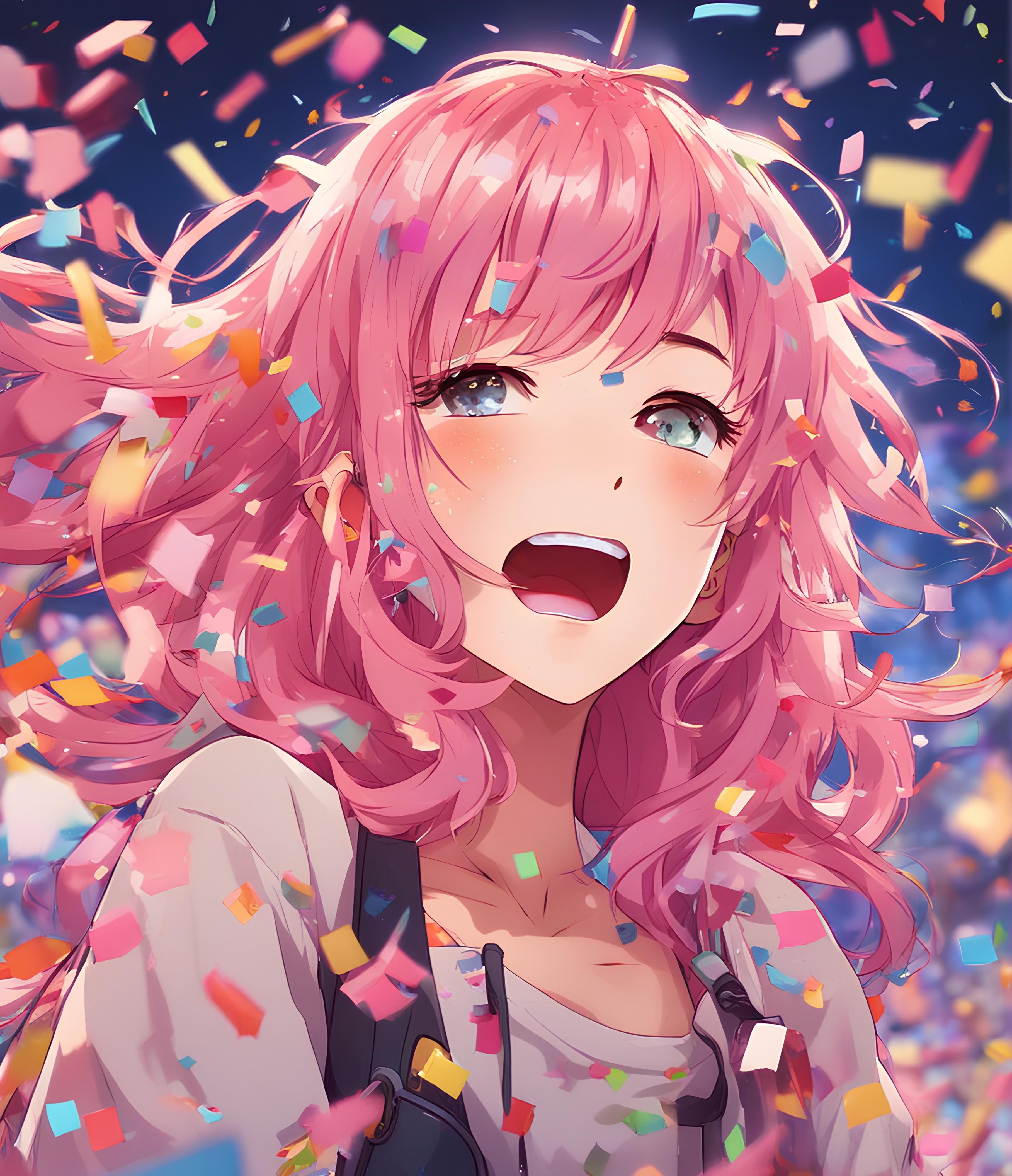 AI generated: DreamShaper prompt: a girl with pink hair is surrounded by confetti an... (DreamShaper - Concept Art)