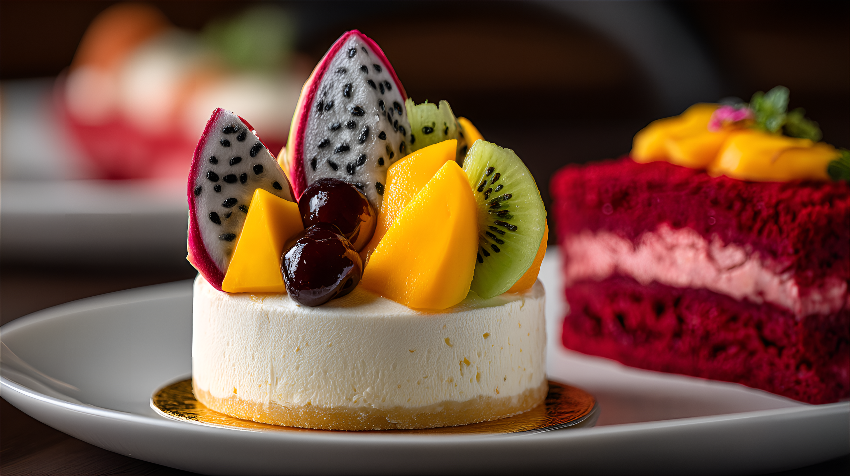 صورة مولدة بالذكاء الاصطناعي: Midjourney prompt: small, decorative cheesecake dessert, adorned with... (نموذج Midjourney - طعام ومشروبات)