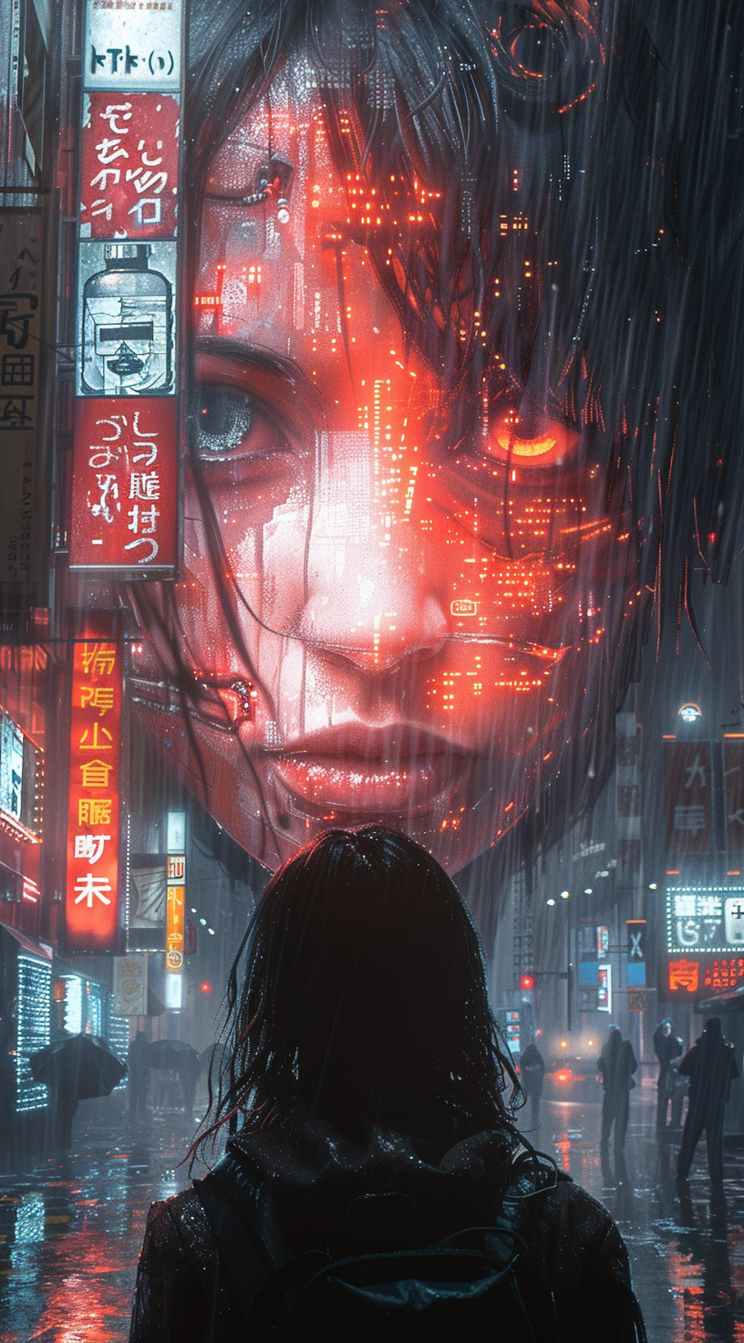 Midjourney prompt: neon cityscape with giant robot head in the style ... - Midjourney