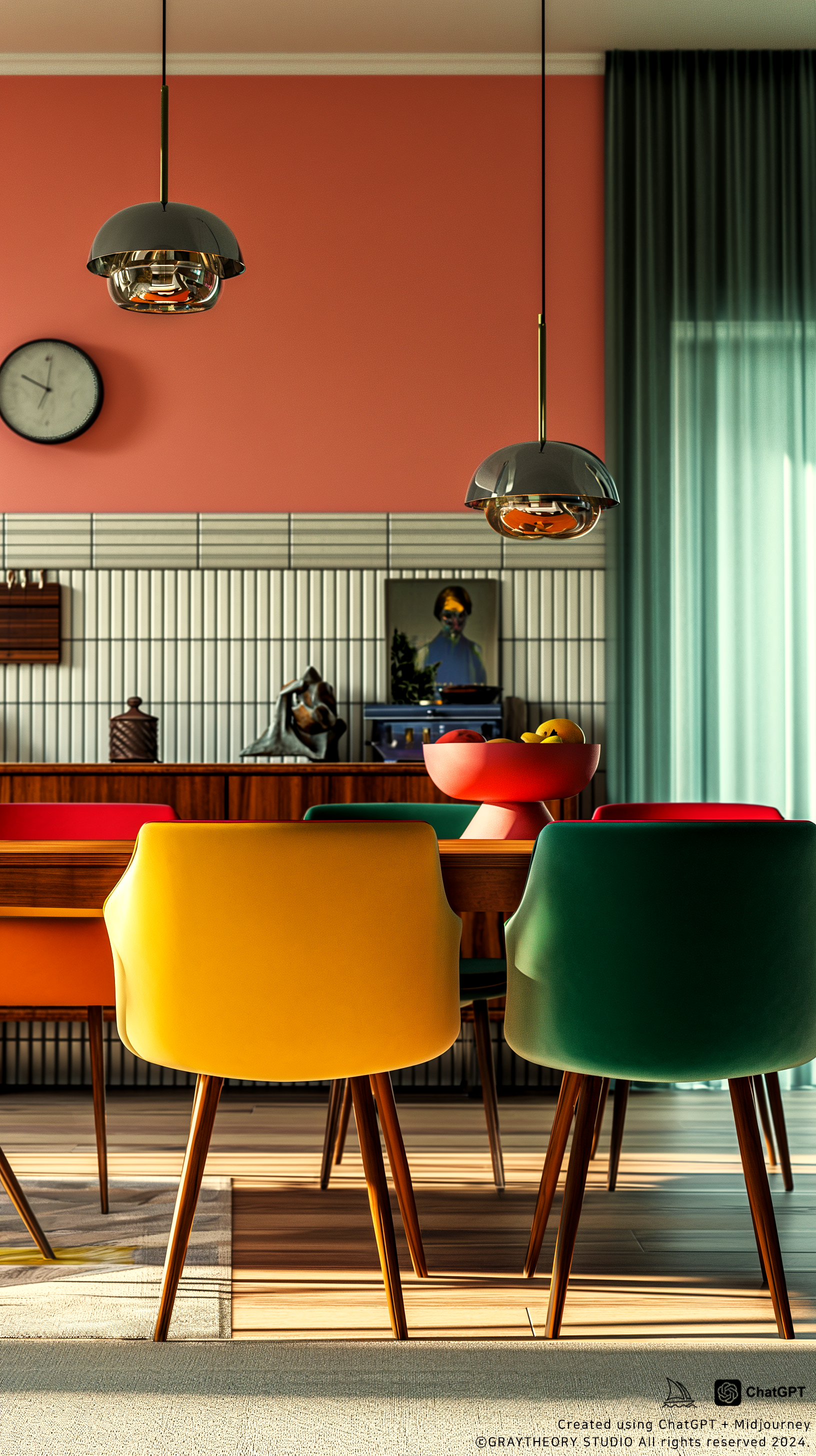 صورة مولدة بالذكاء الاصطناعي: Midjourney prompt: cinematic, a vibrant Mid-century modern dining are... (نموذج Midjourney - تصميم داخلي)