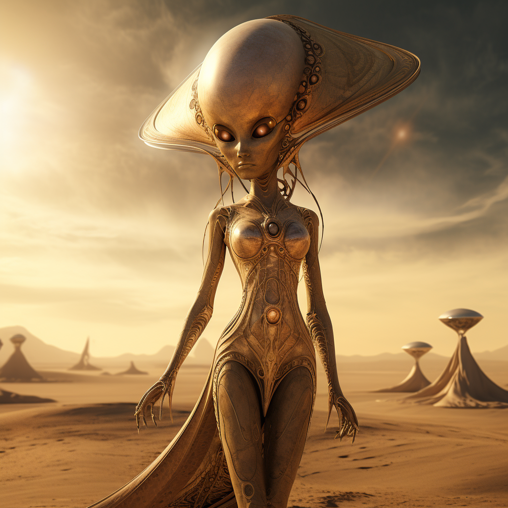 Midjourney prompt: full body of alien shaped like woman, big golden e... - Midjourney