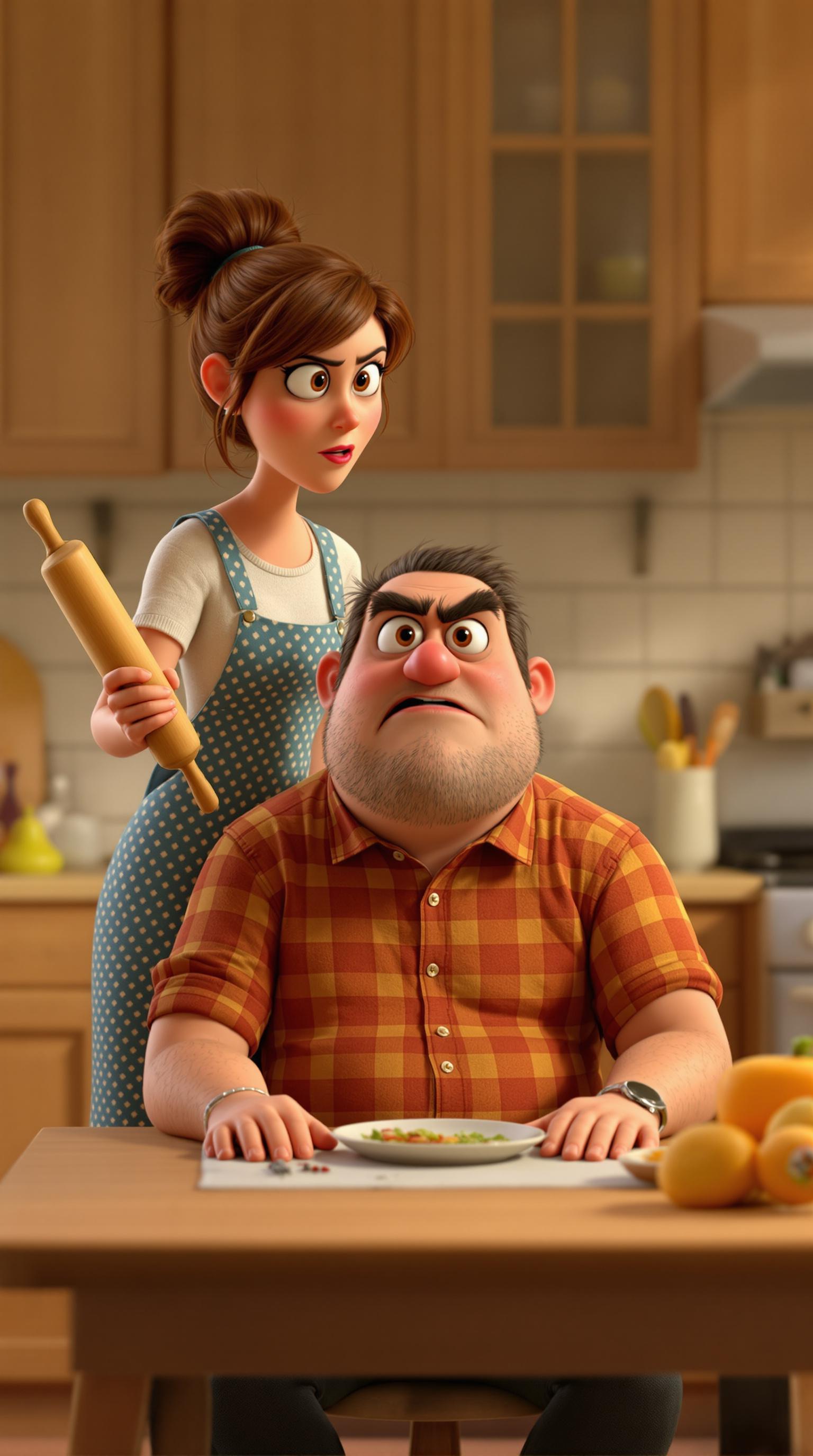 صورة مولدة بالذكاء الاصطناعي: FLUX prompt: 3d pixar character, a man sat down at a kitchen ta... (نموذج FLUX - تصميم داخلي)