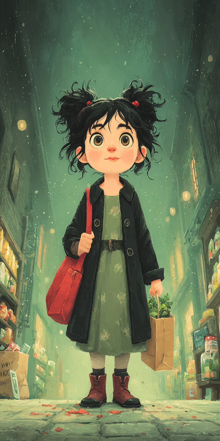 Midjourney prompt: an illustration of a girl walking down a street, i... - Midjourney