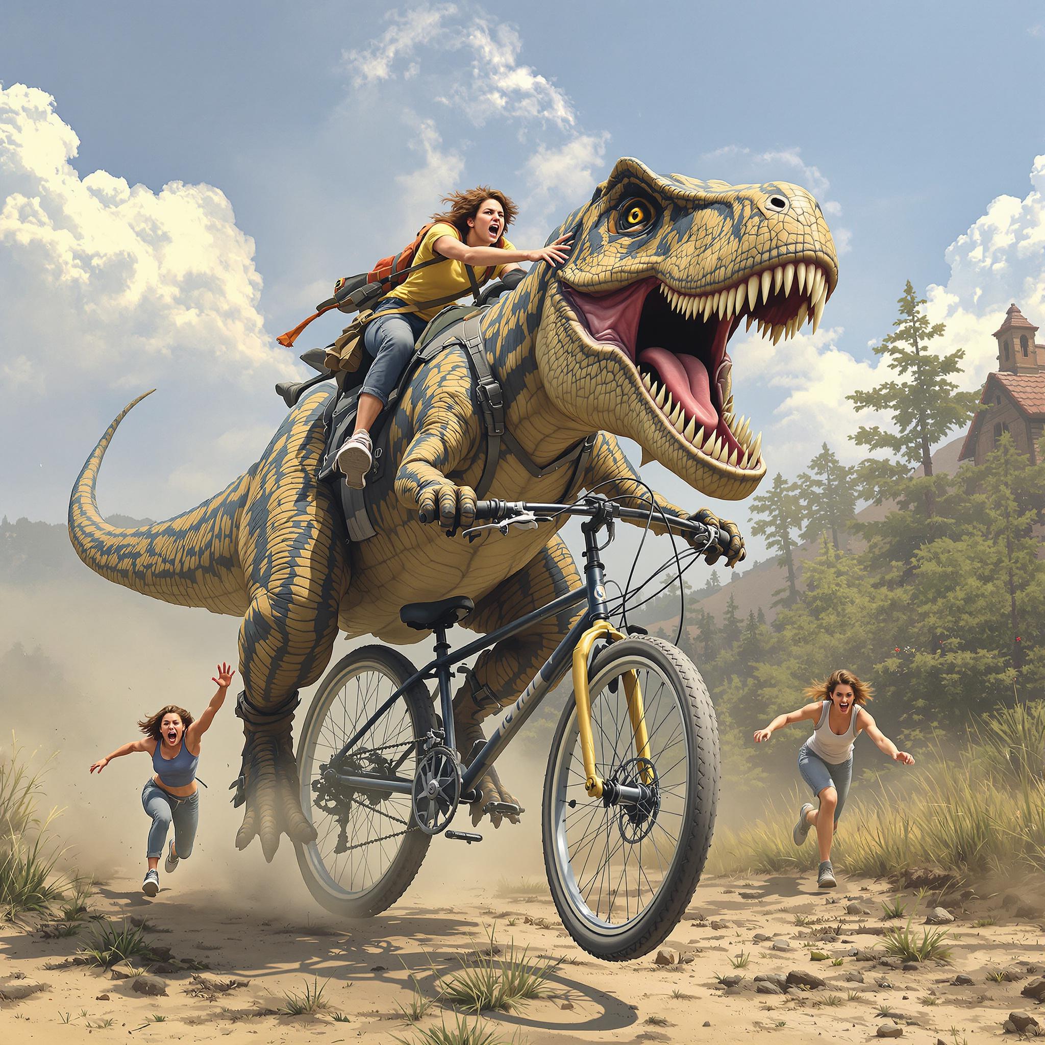 FLUX prompt: Highly realistic Tyrannosaurus rex riding a bike, ... - FLUX