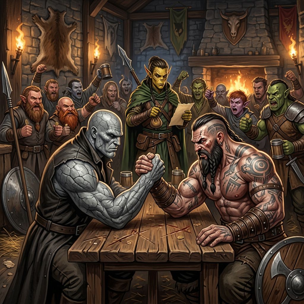 Nano Banana prompt: a large stone man arm wrestling a gia...