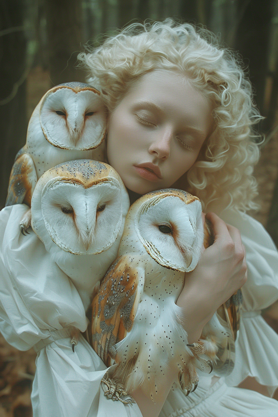 AI generated: Midjourney prompt: images of woman with her owls, in the style of eth... (Midjourney - Portraits)