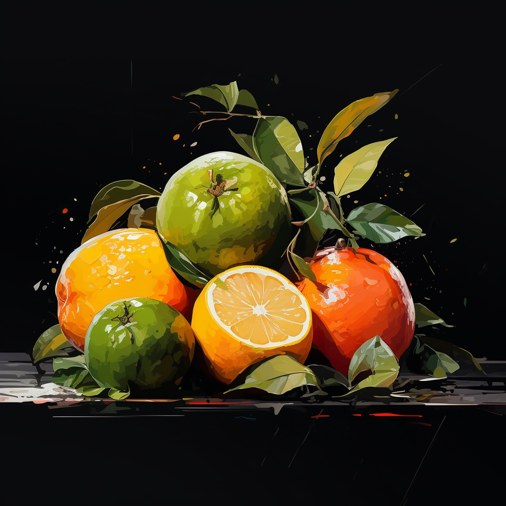 صورة مولدة بالذكاء الاصطناعي: Midjourney prompt: Still life vector, Fruits, Refreshing, Juicy, Ripe... (نموذج Midjourney - صور شخصية)