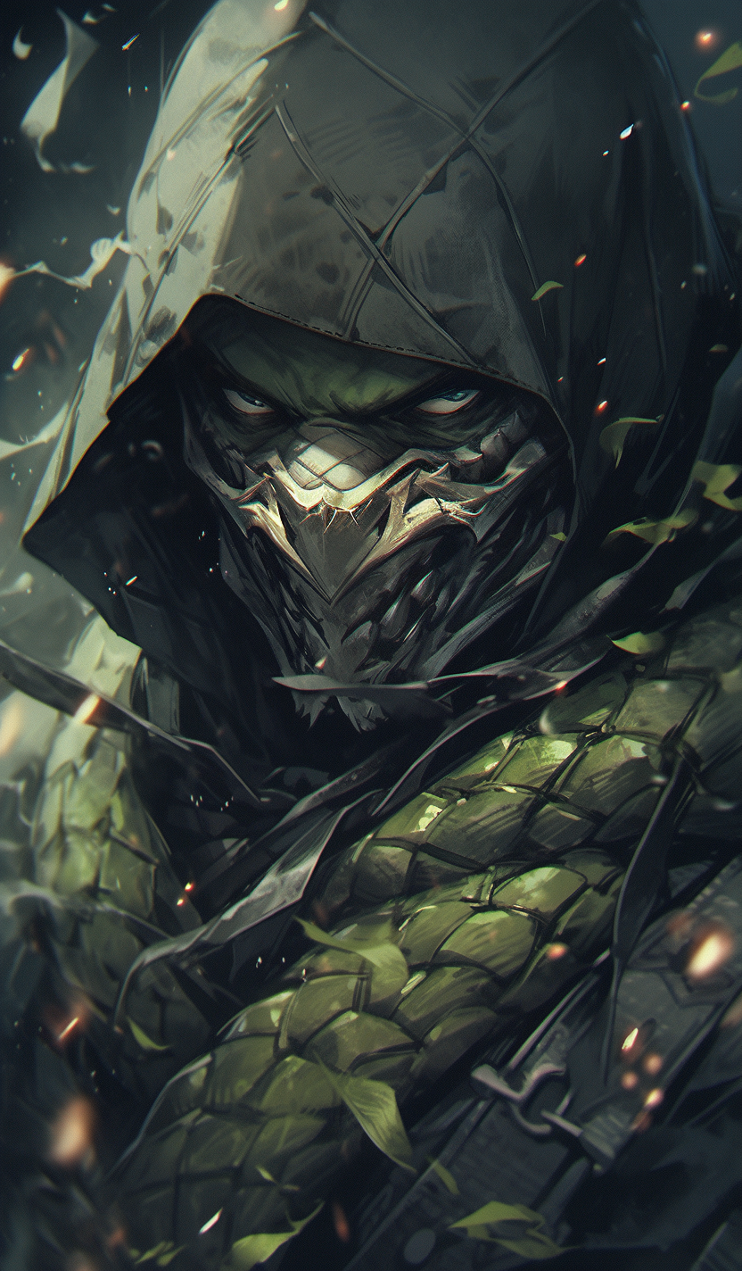 Midjourney prompt: Mortal Kombat Reptile, comes out of the forest i... - Midjourney