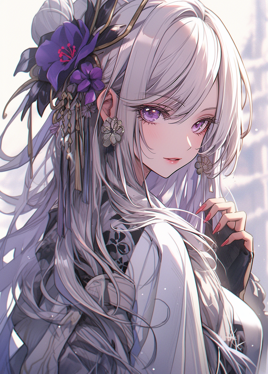 Midjourney prompt: a girl with white hair in a purple kimono and a fl... - Midjourney