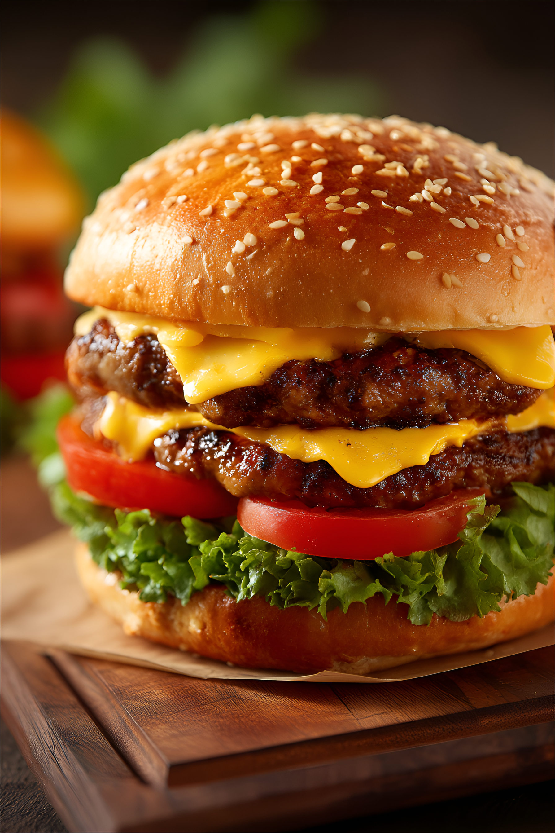 AI generated: Midjourney prompt: Close-up double cheeseburger, golden-brown sesame ... (Midjourney - Portraits)