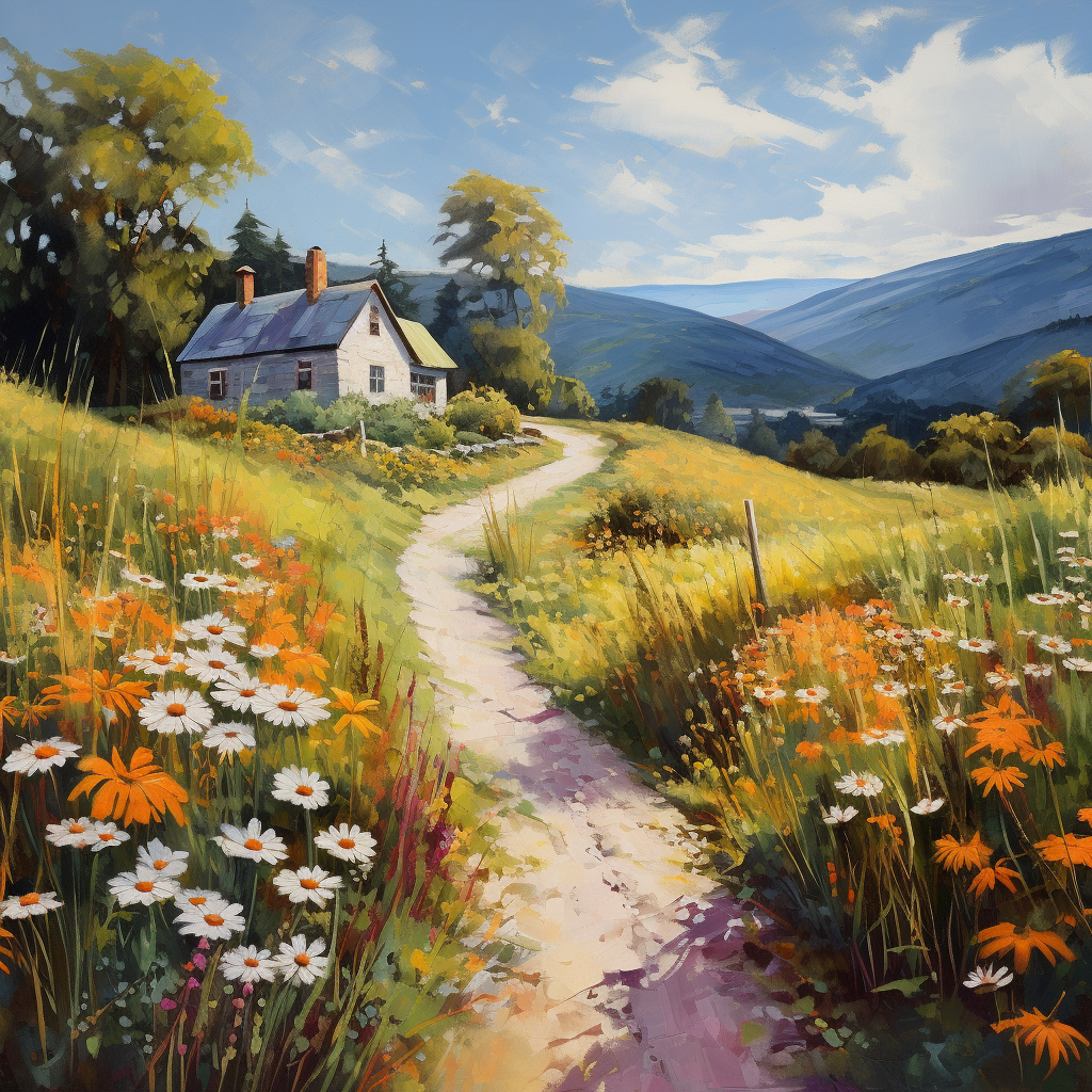 AI generated: Midjourney prompt: Road, white cottage, mountain, flowers (Midjourney - Landscapes)
