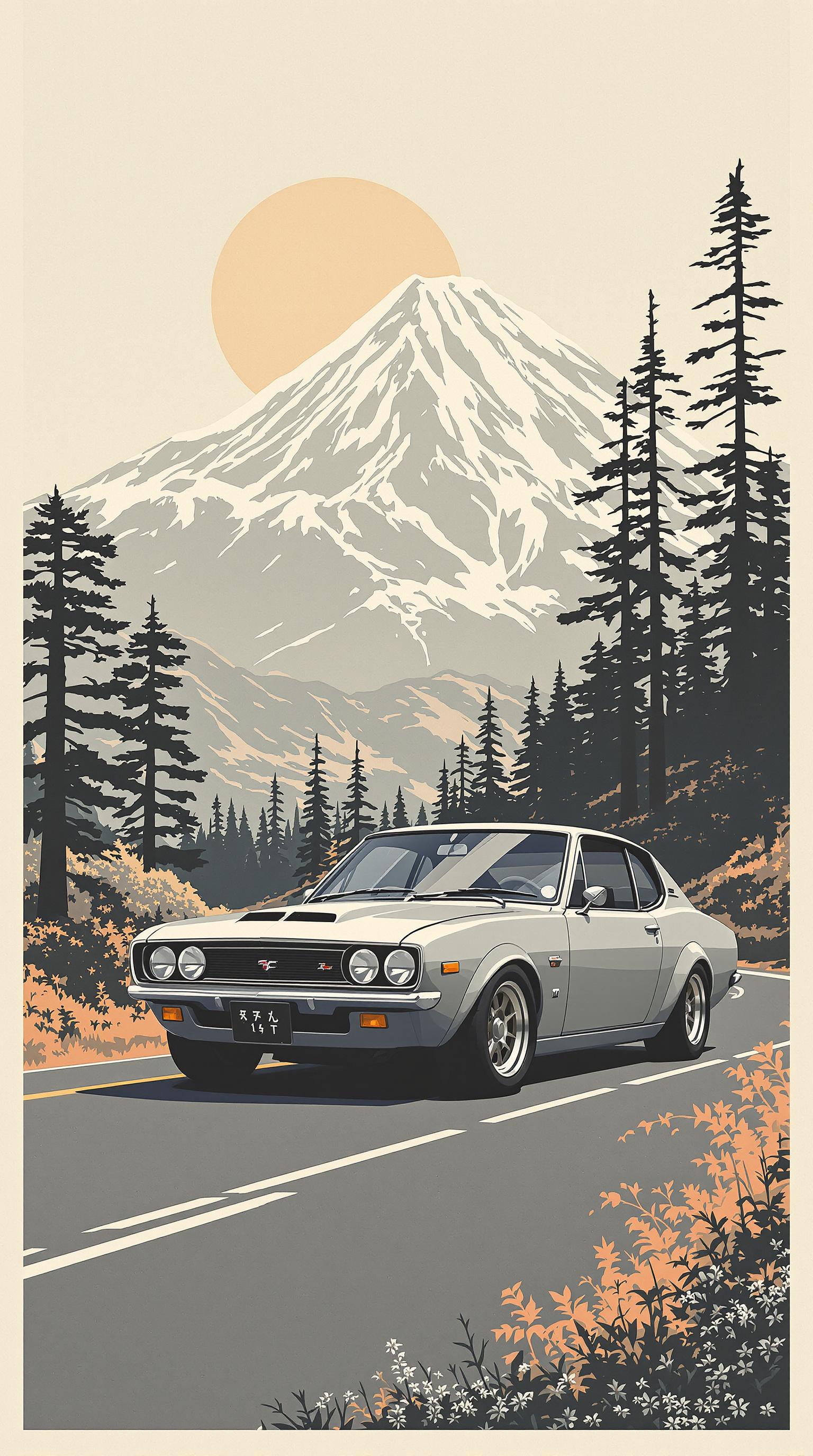 FLUX prompt: gray nissan hakosuka gtr, mountains, clean minimal... - FLUX