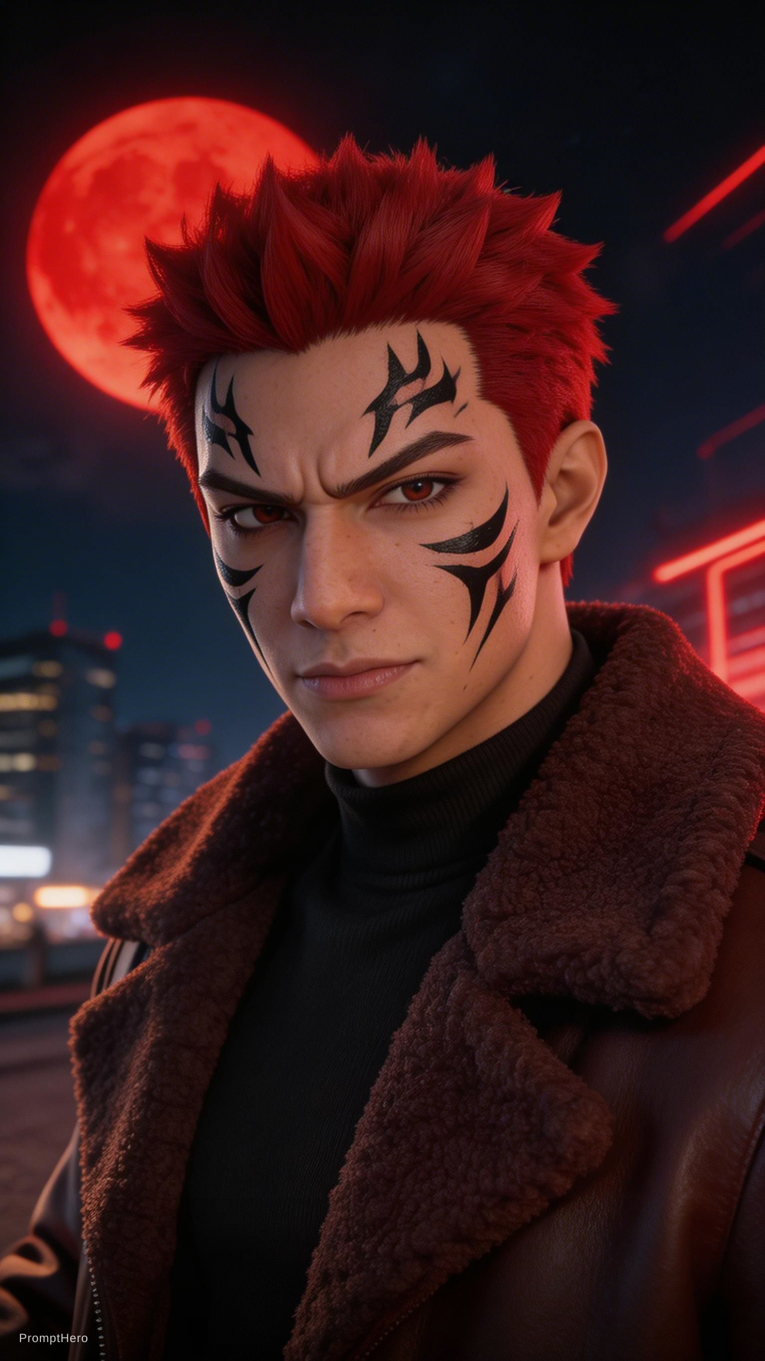 صورة مولدة بالذكاء الاصطناعي: Seedream 5 prompt: portrait of sukuna with red hairs, jujutsu kaisen,... (نموذج Seedream 5 - صور شخصية)