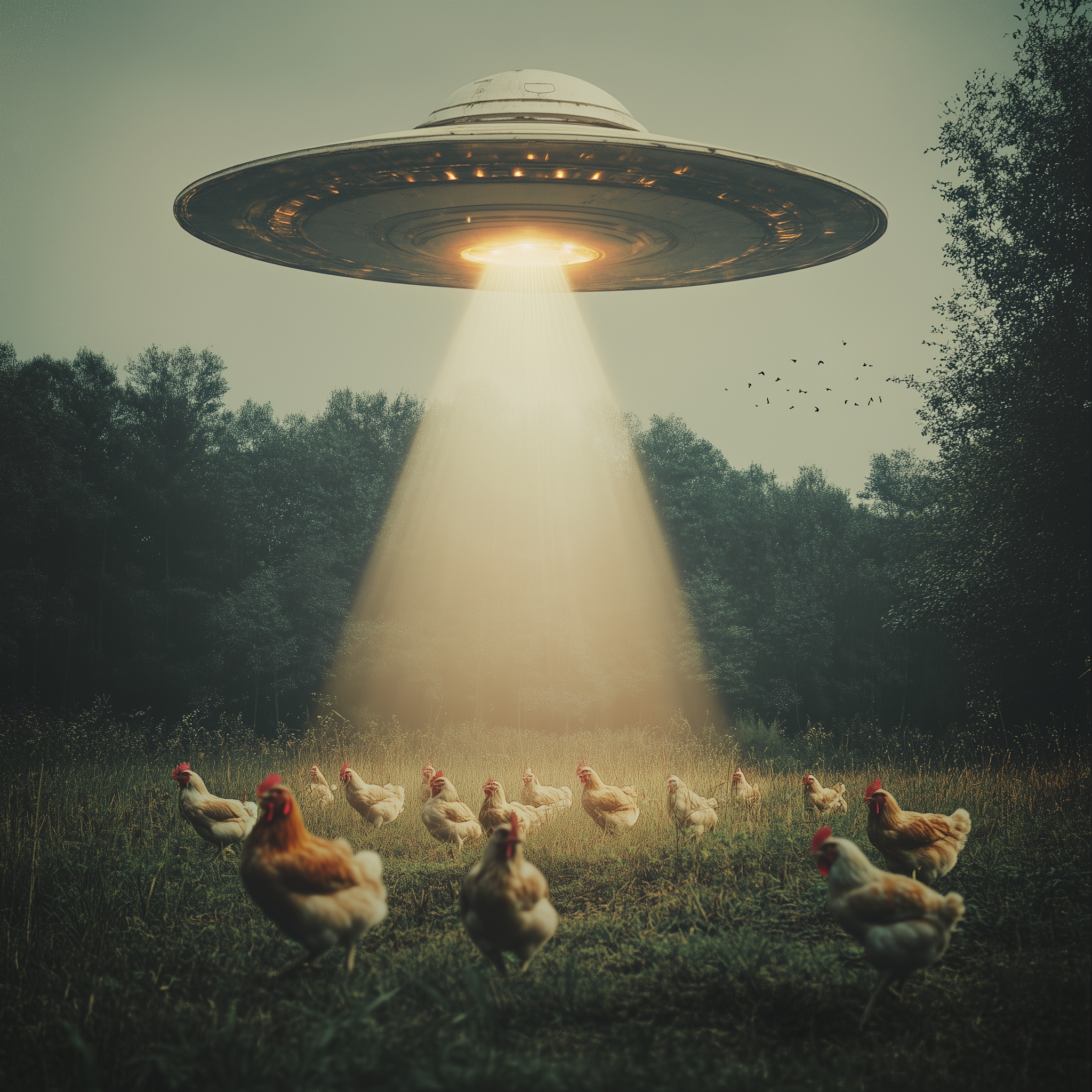 AI generated: Midjourney prompt: A large flying saucer shines down light on chicken... (Midjourney - Concept Art)
