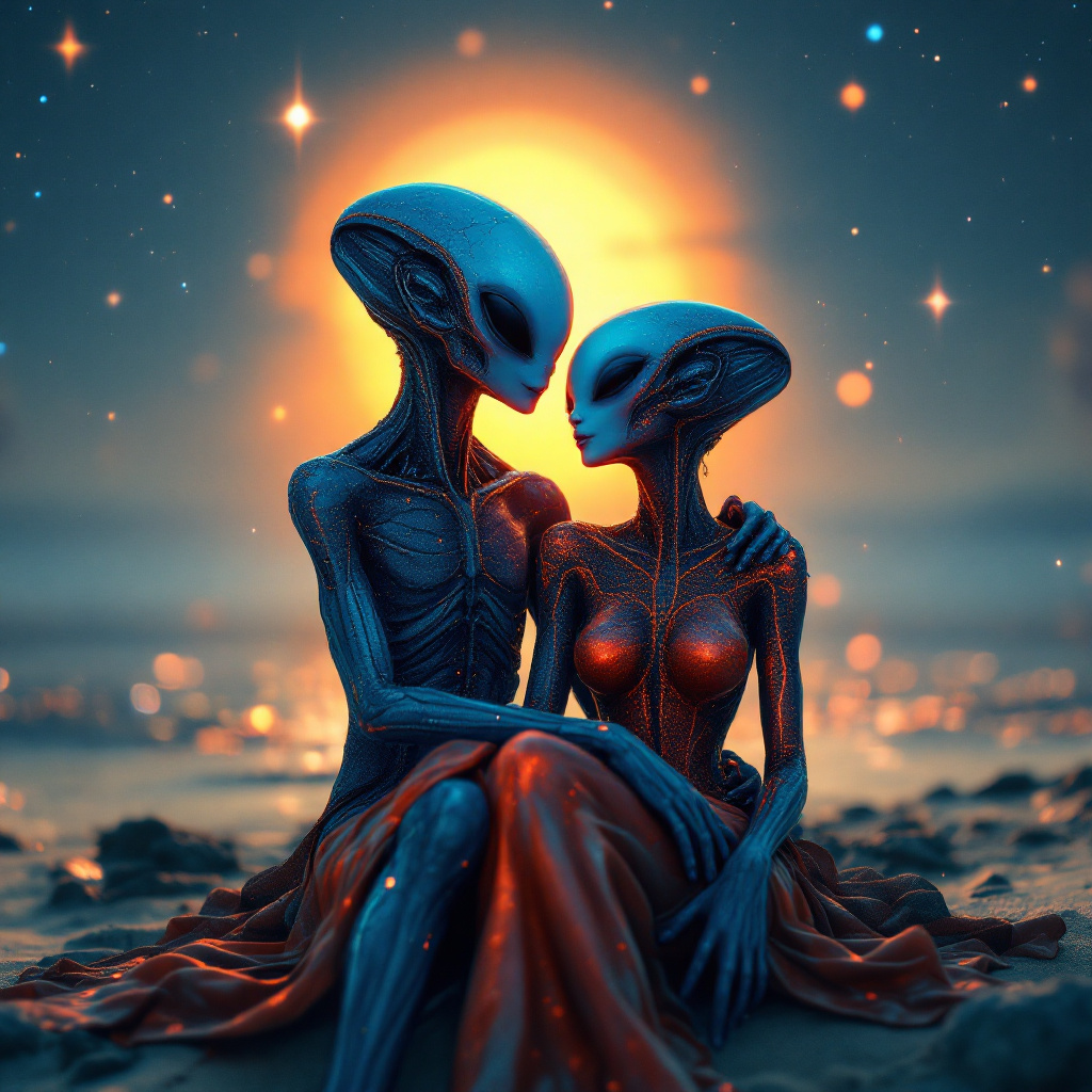 FLUX prompt: Whimsical. A couple of aliens (male and fema...