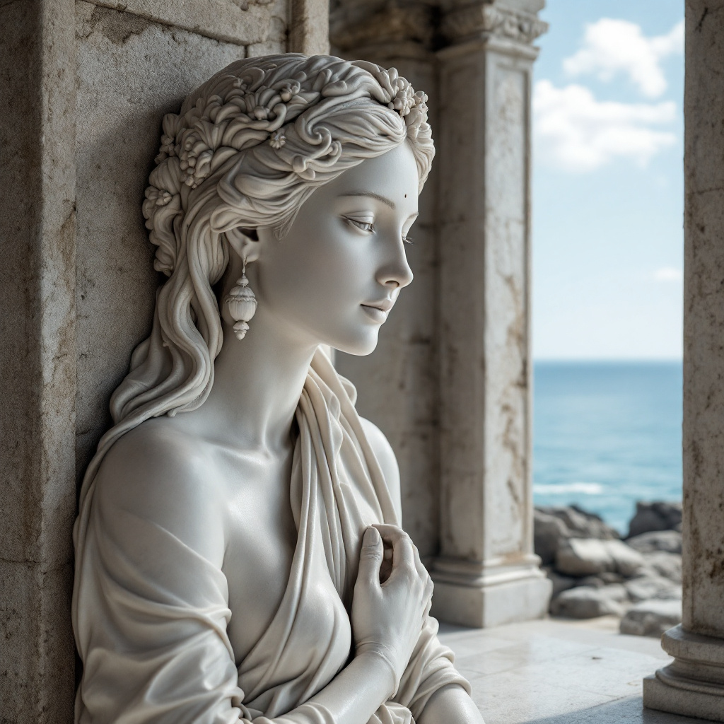 FLUX prompt: Beautifully sculpted marble statue of a woman. Its... - FLUX
