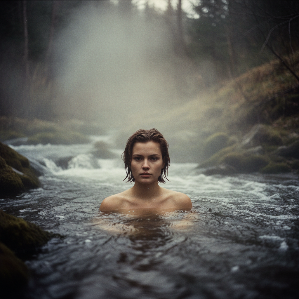 صورة مولدة بالذكاء الاصطناعي: Nano Banana prompt: hot spring in a wild river flow, steam rises from... (نموذج Nano Banana - مناظر طبيعية)