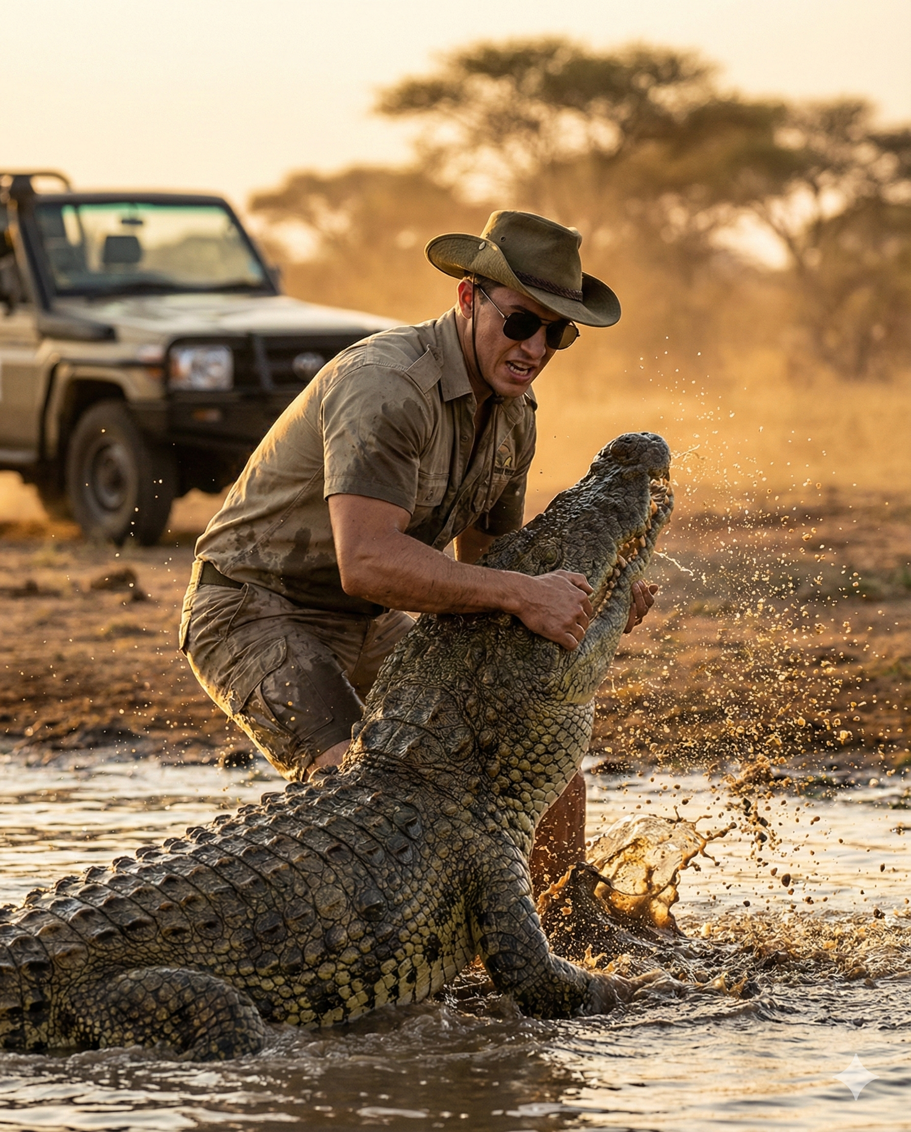 AI generated: ChatGPT Image prompt: Cinematic wildlife-action scene at golden hour: A ... (ChatGPT Image - Animals & Nature)