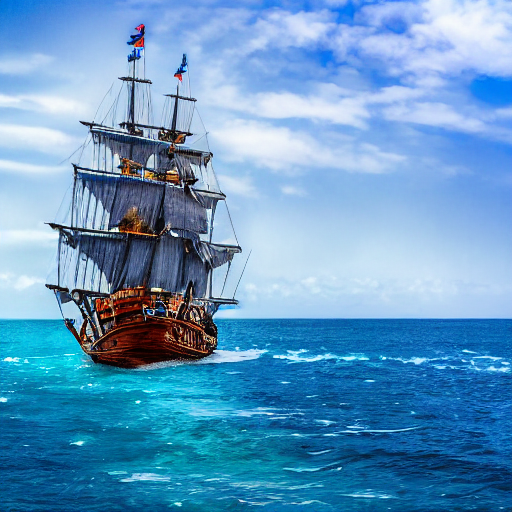 Stable Diffusion prompt: Photo of a pirate ship on the se...