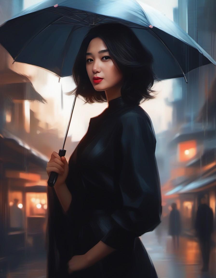 AI generated: Deliberate prompt: a woman in a black dress holding an umbrella, by R... (Deliberate - Portraits)
