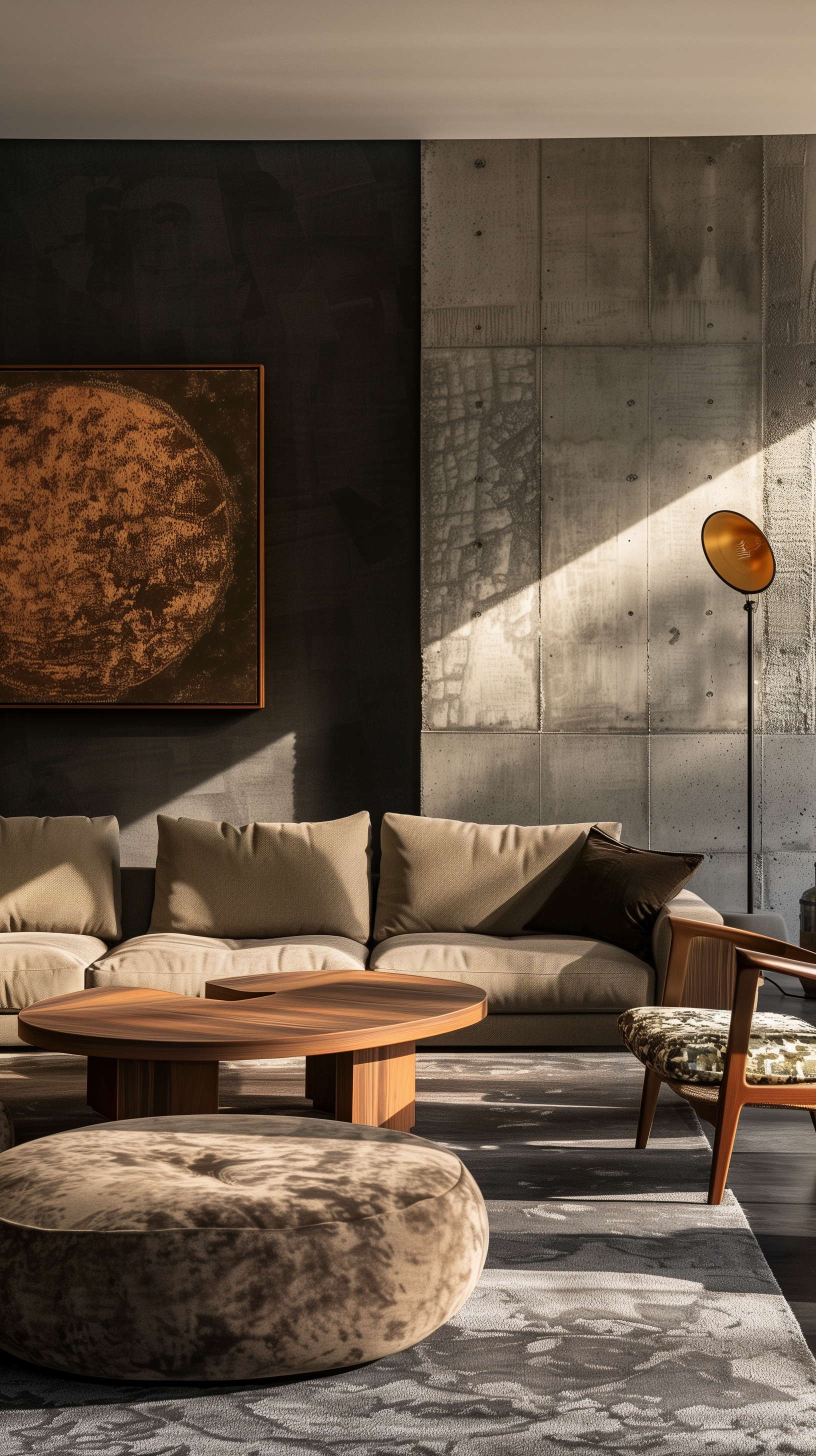 AI generated: Midjourney prompt: photography, spacious living room features a dark ... (Midjourney - Interior Design)