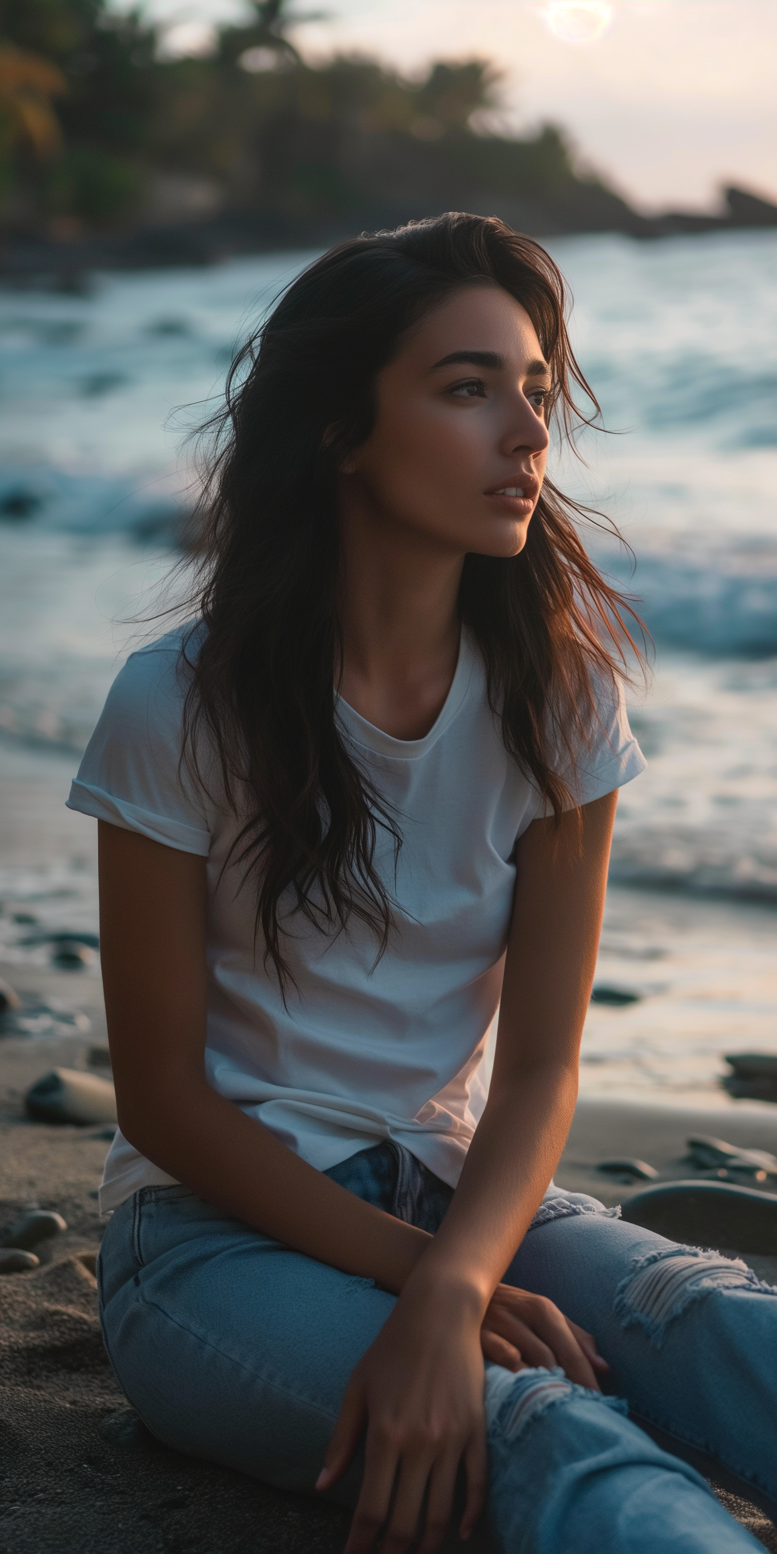 AI generated: Midjourney prompt: Colombian woman, sitting on a beach looking at the... (Midjourney - Photography)