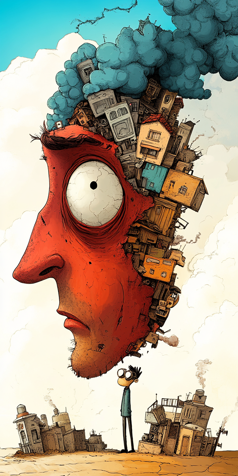 AI generated: Midjourney prompt: cartoon with a colorful face surrounded by a city,... (Midjourney - Concept Art)
