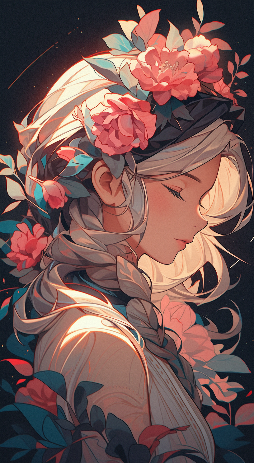 AI generated: Midjourney prompt: a woman with flowers in her hair, in the style of ... (Midjourney - Anime)