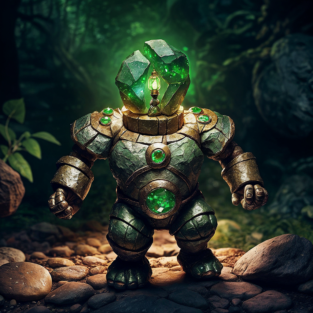 صورة مولدة بالذكاء الاصطناعي: Stable Diffusion prompt: fairy tale A small golem made of rocks and emerald... (نموذج Stable Diffusion - فن مفاهيمي)