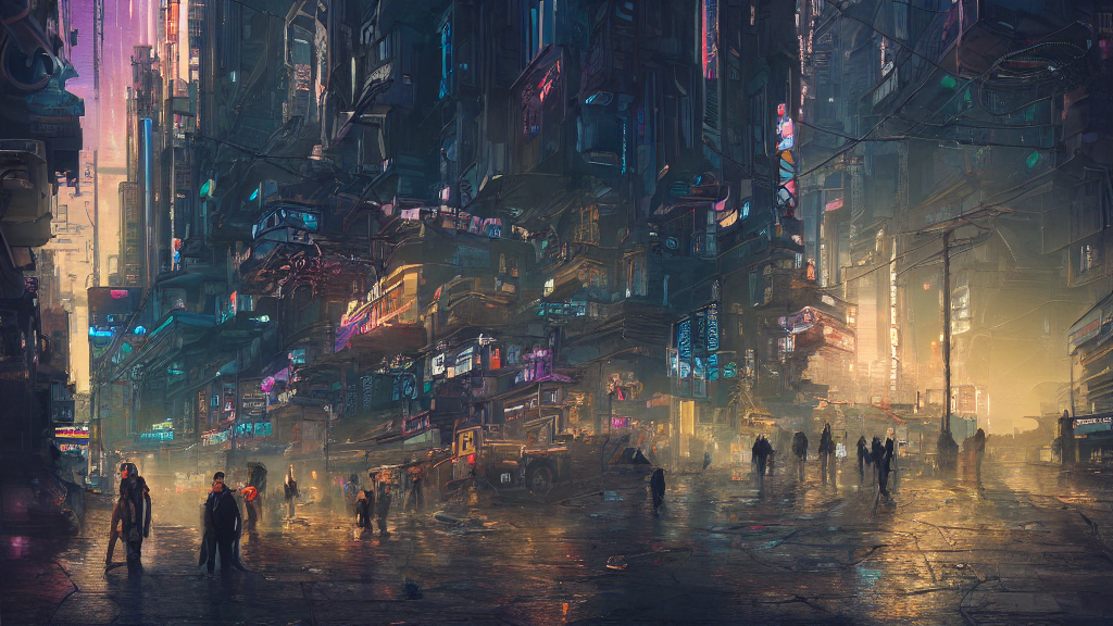 Stable Diffusion prompt: Cyberpunk city, street vendors,