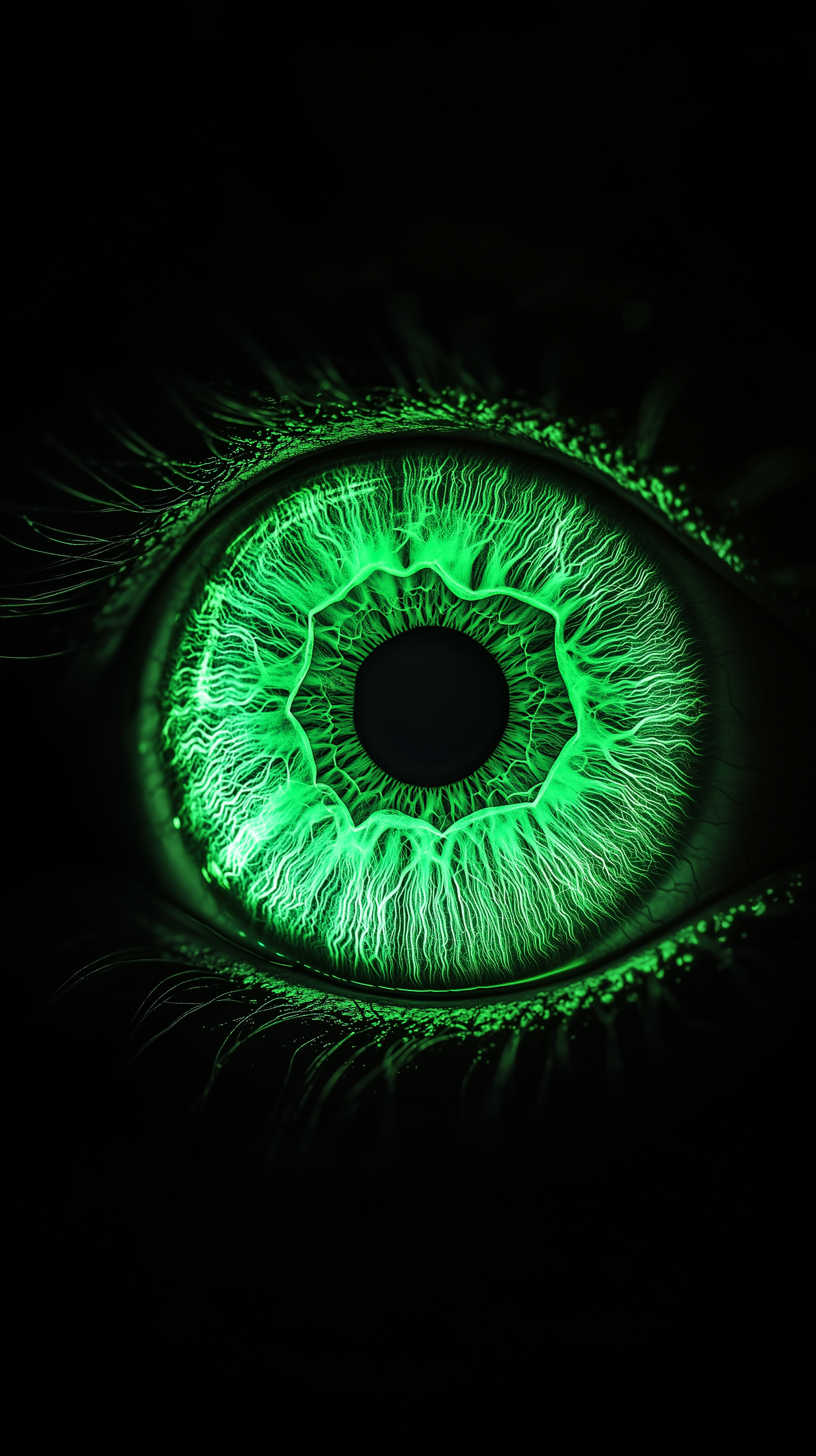 صورة مولدة بالذكاء الاصطناعي: Midjourney prompt: green x-ray, eye, macro-shot, black background, re... (نموذج Midjourney - تصوير فوتوغرافي)