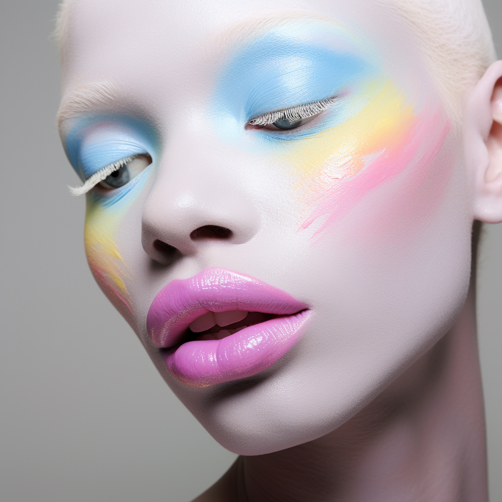 صورة مولدة بالذكاء الاصطناعي: Midjourney prompt: A makeup beauty portrait of an African albino woma... (نموذج Midjourney - صور شخصية)